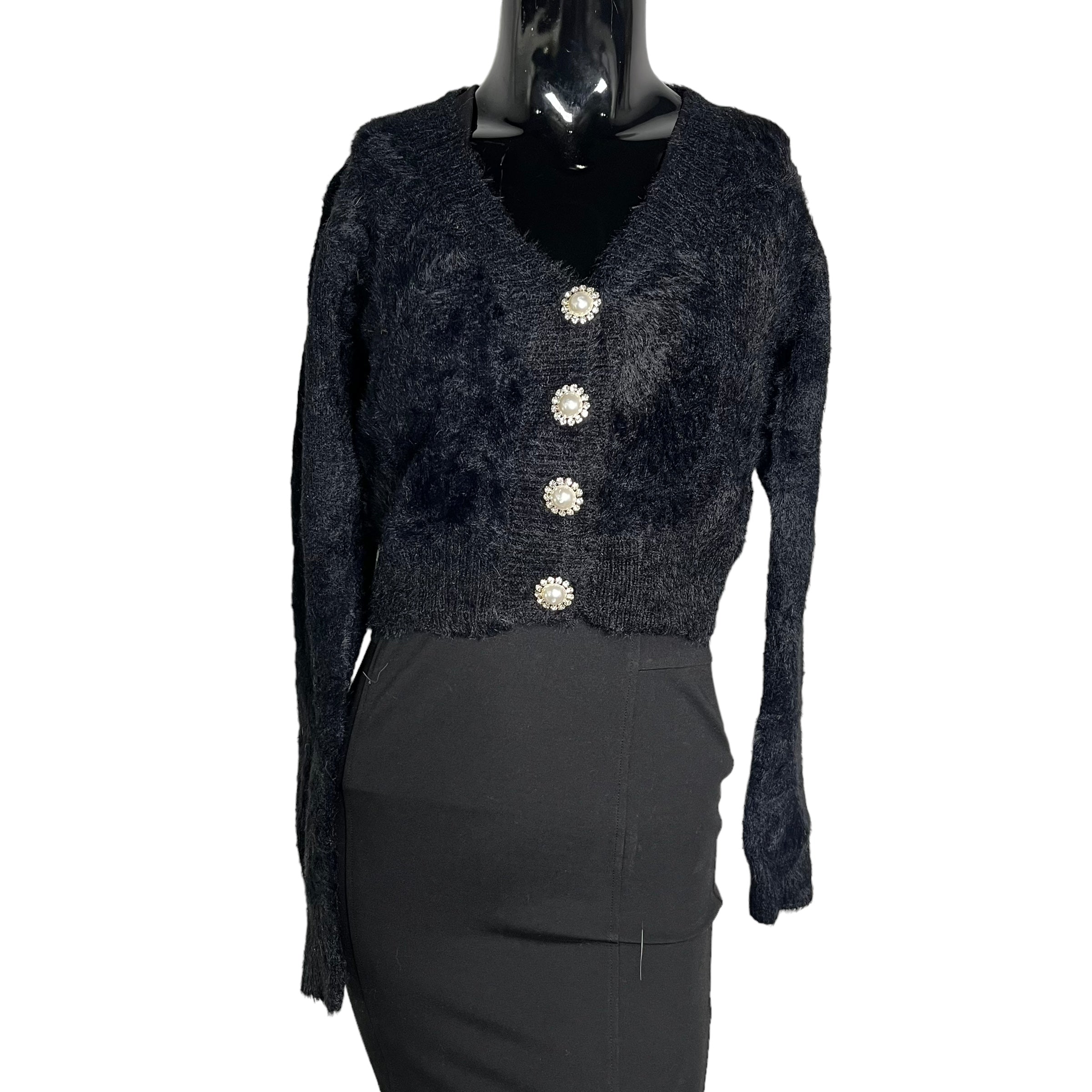 CAPSULLE Black Cropped Cardigan w/ Costume Pearl Buttons