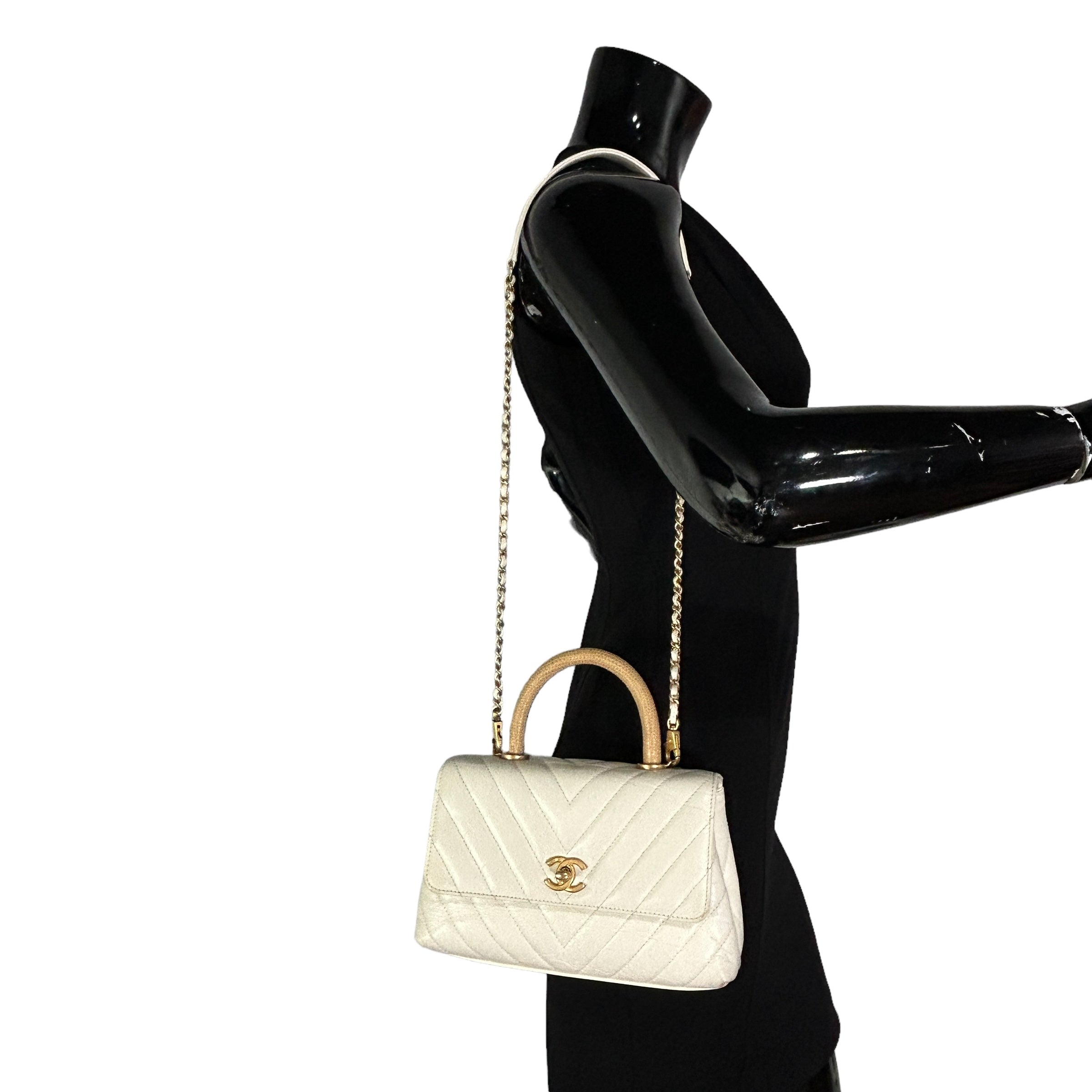 White Chevron Crinkled Calfskin Beige Lizard Mini Coco Handle W/AGHW