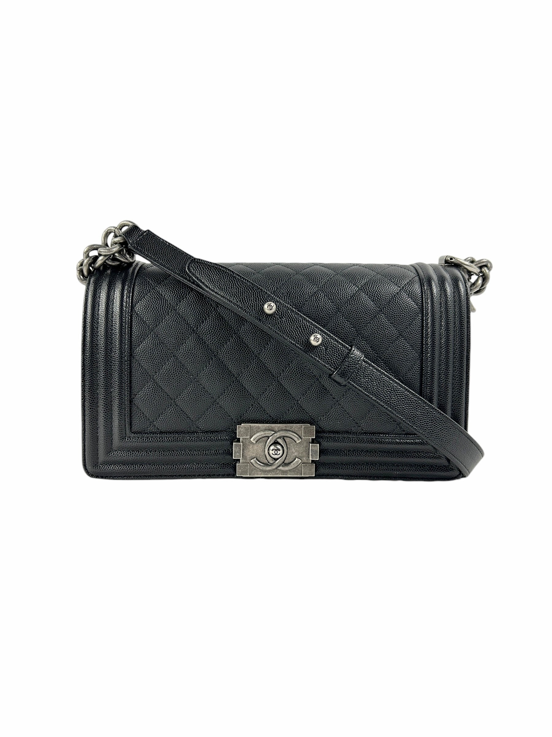 Black Caviar Quilted Old Medium Boy Bag W/RHW