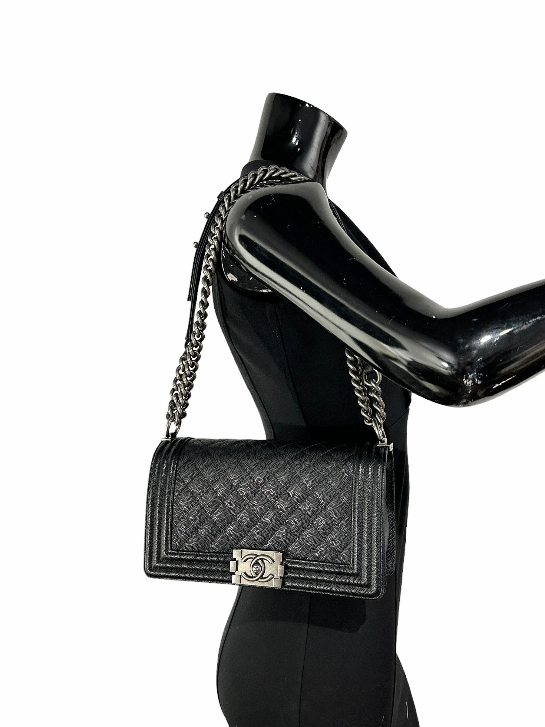Black Caviar Quilted Old Medium Boy Bag W/RHW
