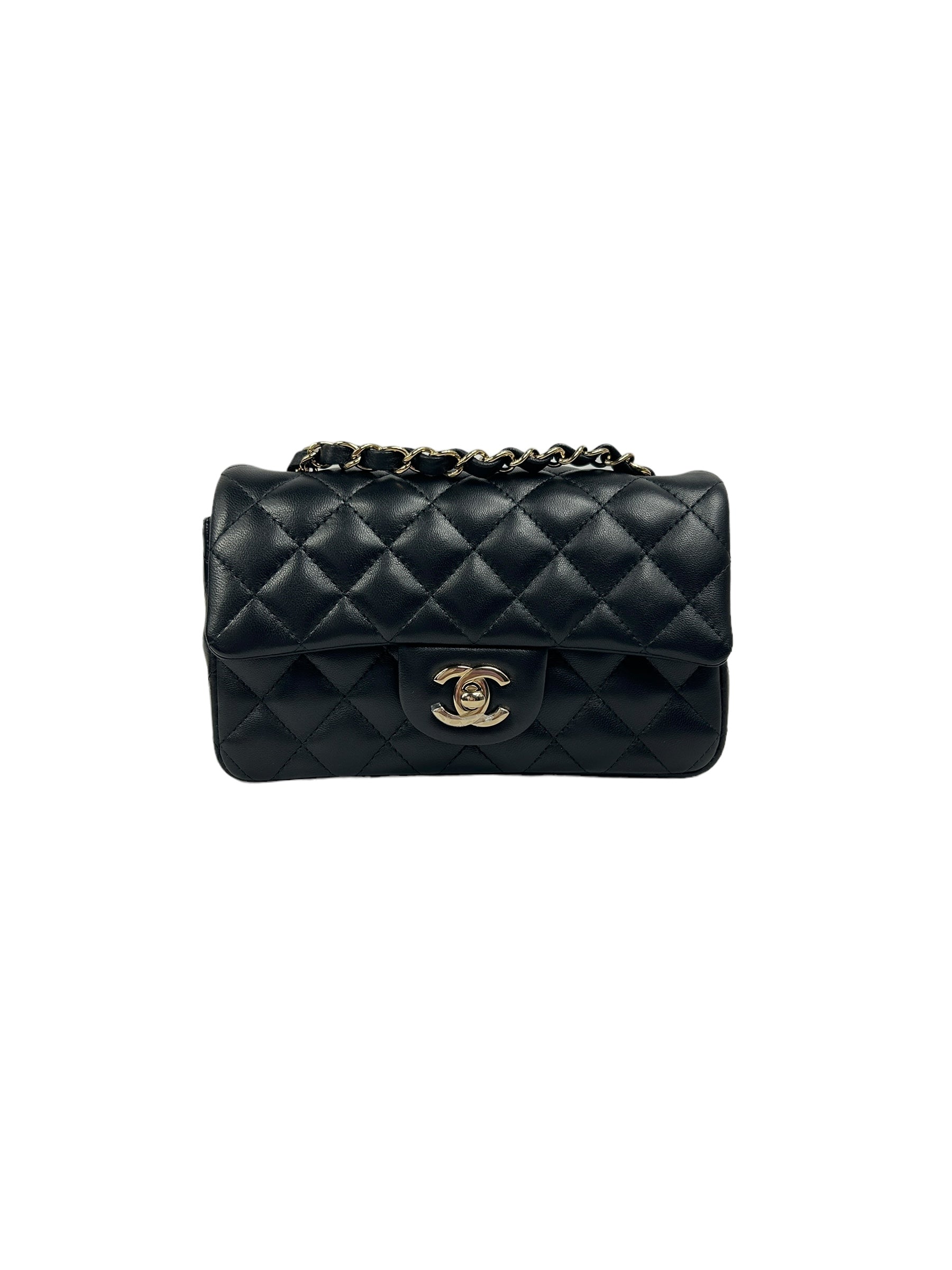 Black Lambskin Quilted Single Mini Rectangle Flap Bag w/ LGHW