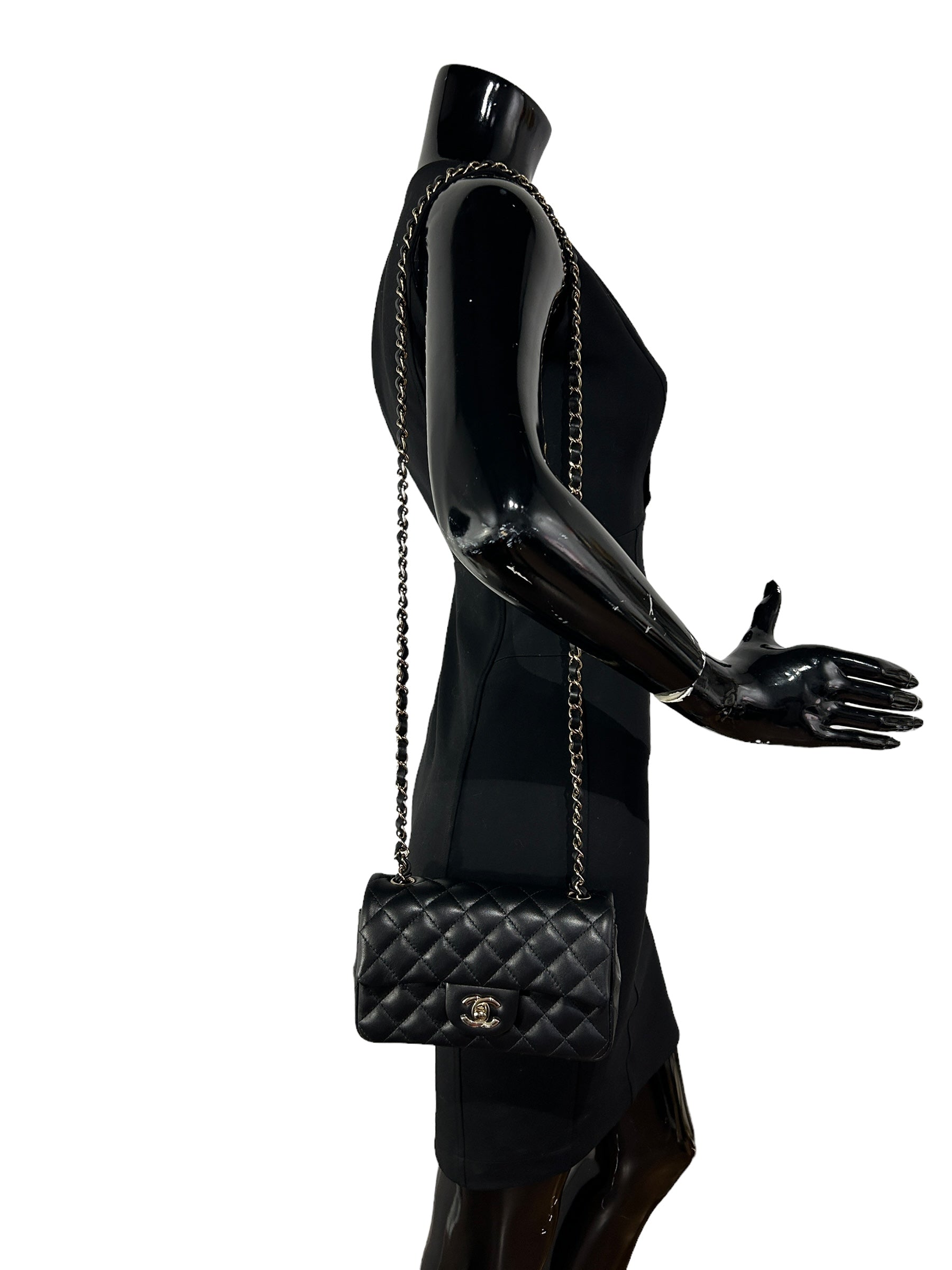 Black Lambskin Quilted Single Mini Rectangle Flap Bag w/ LGHW