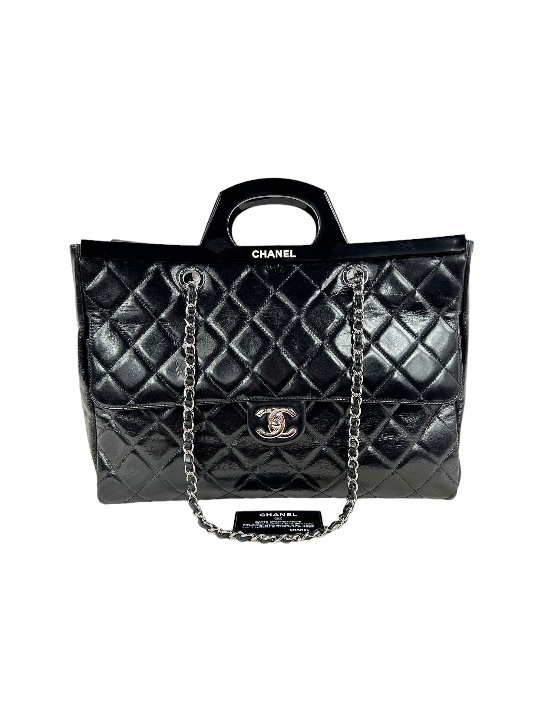 Black Quilted Glazed Calfskin Leather Supermarket Large CC Delivery Tote W/SHW