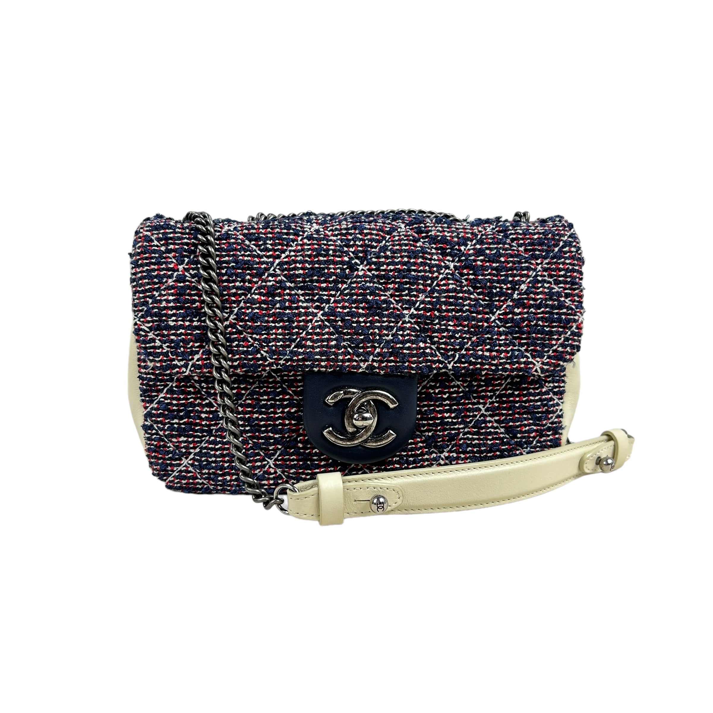 Cream Leather Blue/Black/Red Tweed Mini Rectangle Flap Bag w/RHW