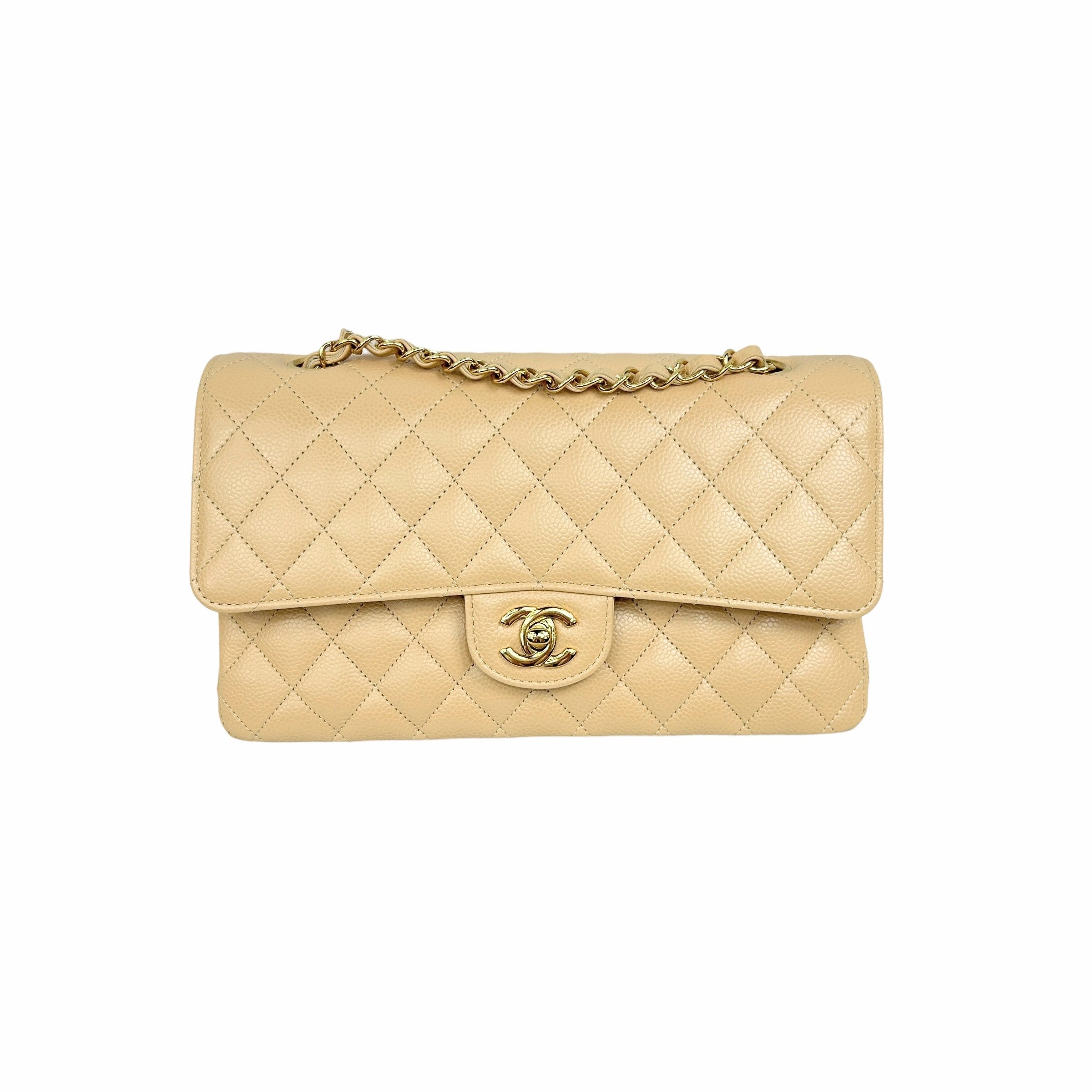 Caviar Beige Clair Medium Double Flap Classic W/GHW