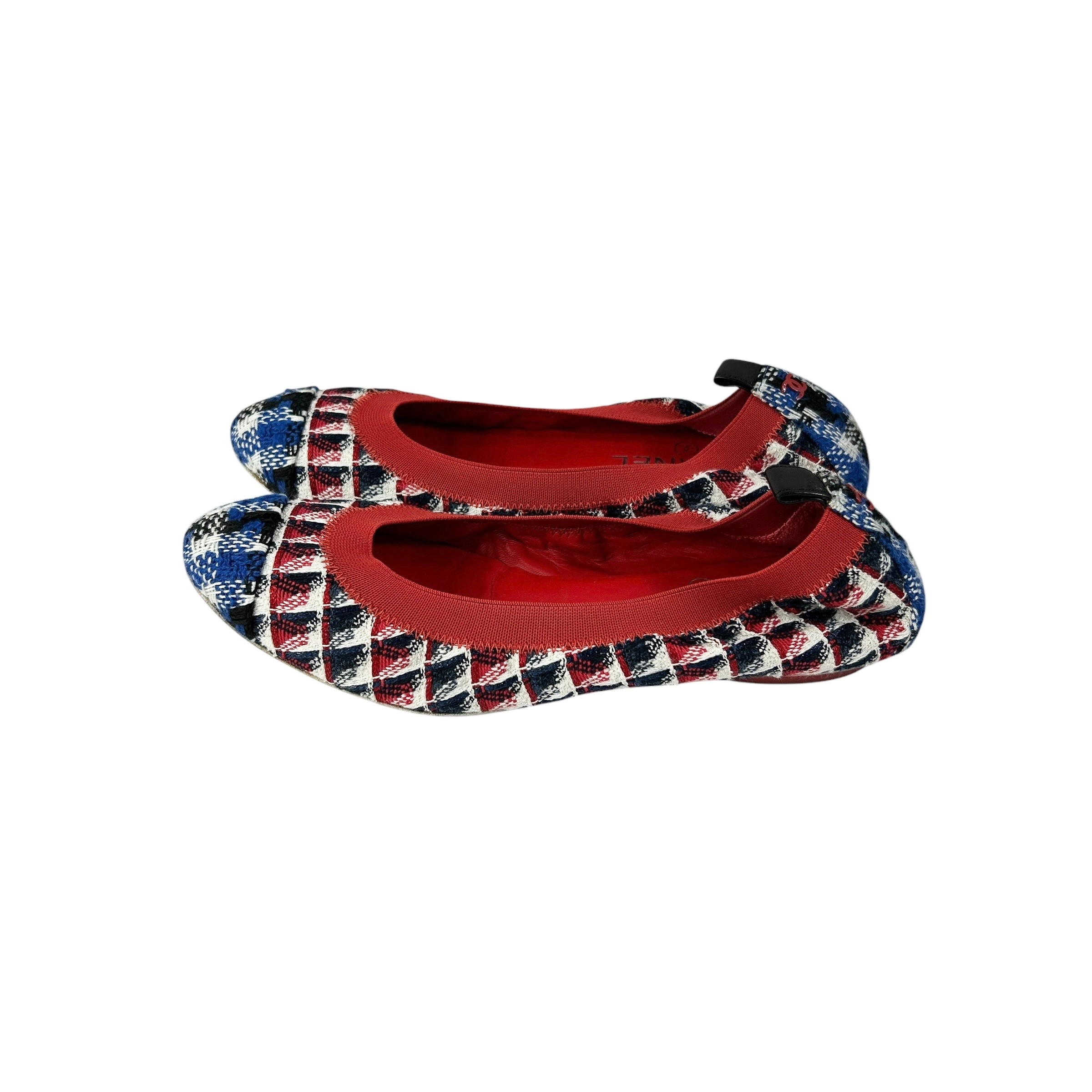 Blue/Red/White/Black Tweed Elastic Heel Ballet Flats