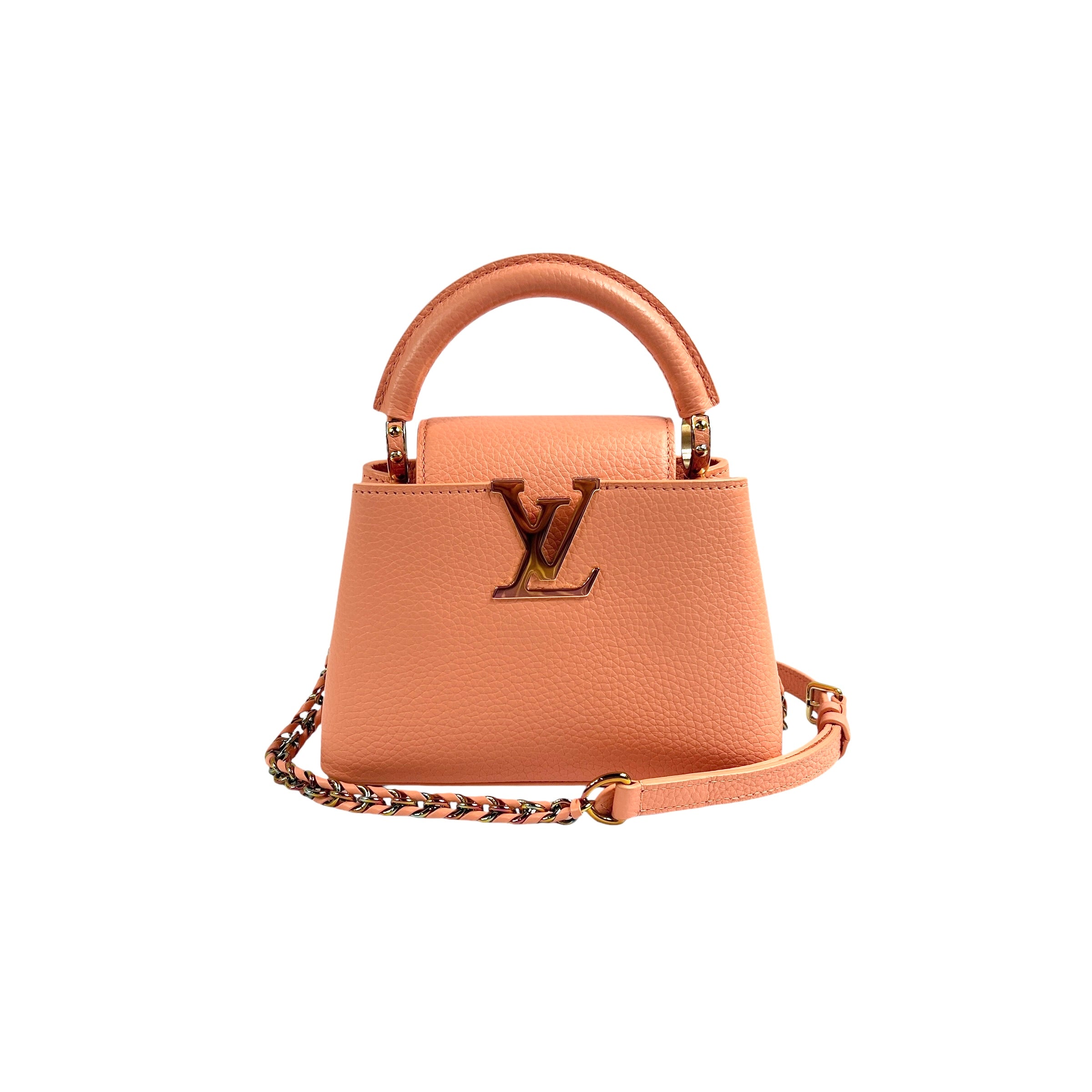 Apricot Taurillon Capucines Mini w/Intertwined Rainbow Chain Strap