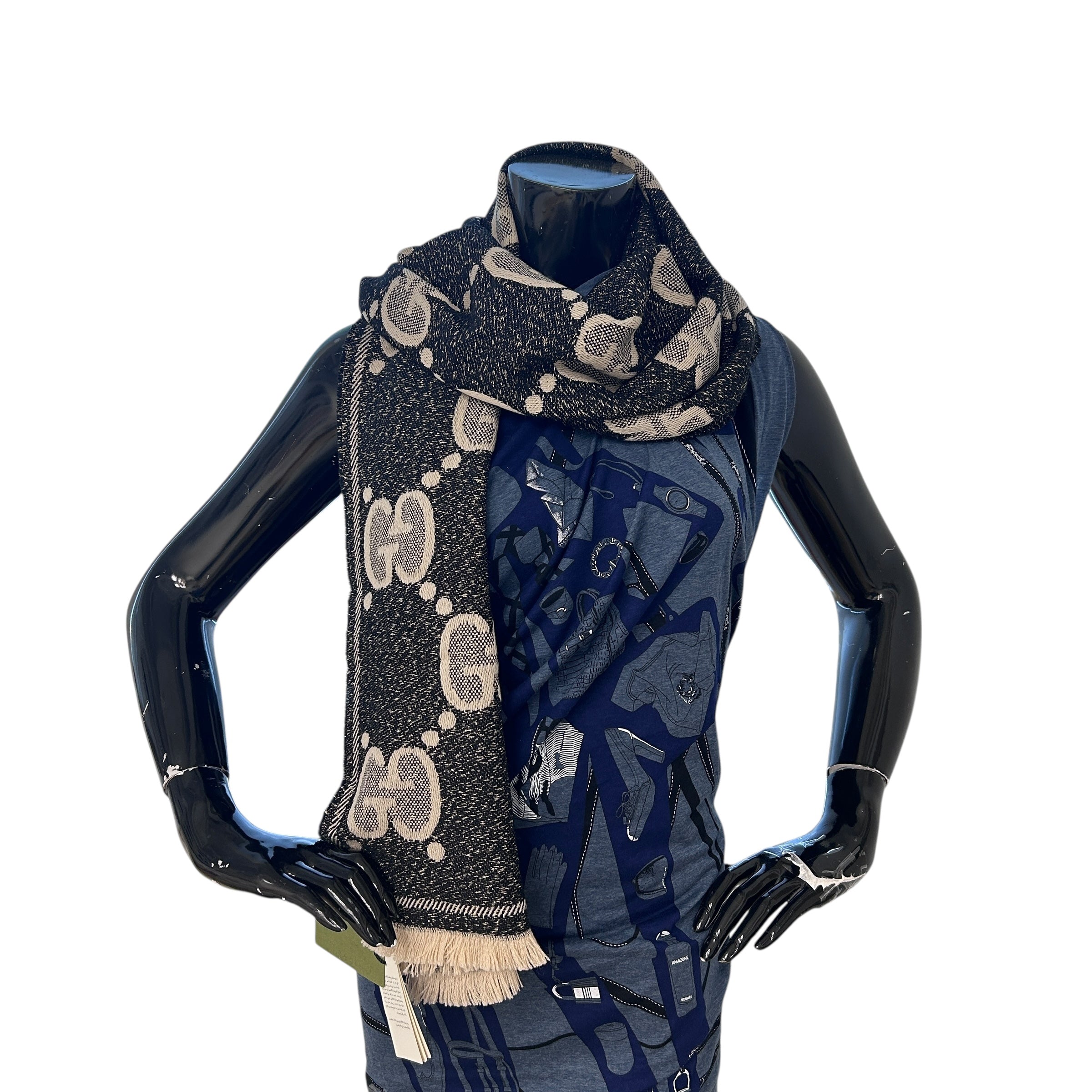 Grey/Beige/Gold GG Jacquard Wool Scarf