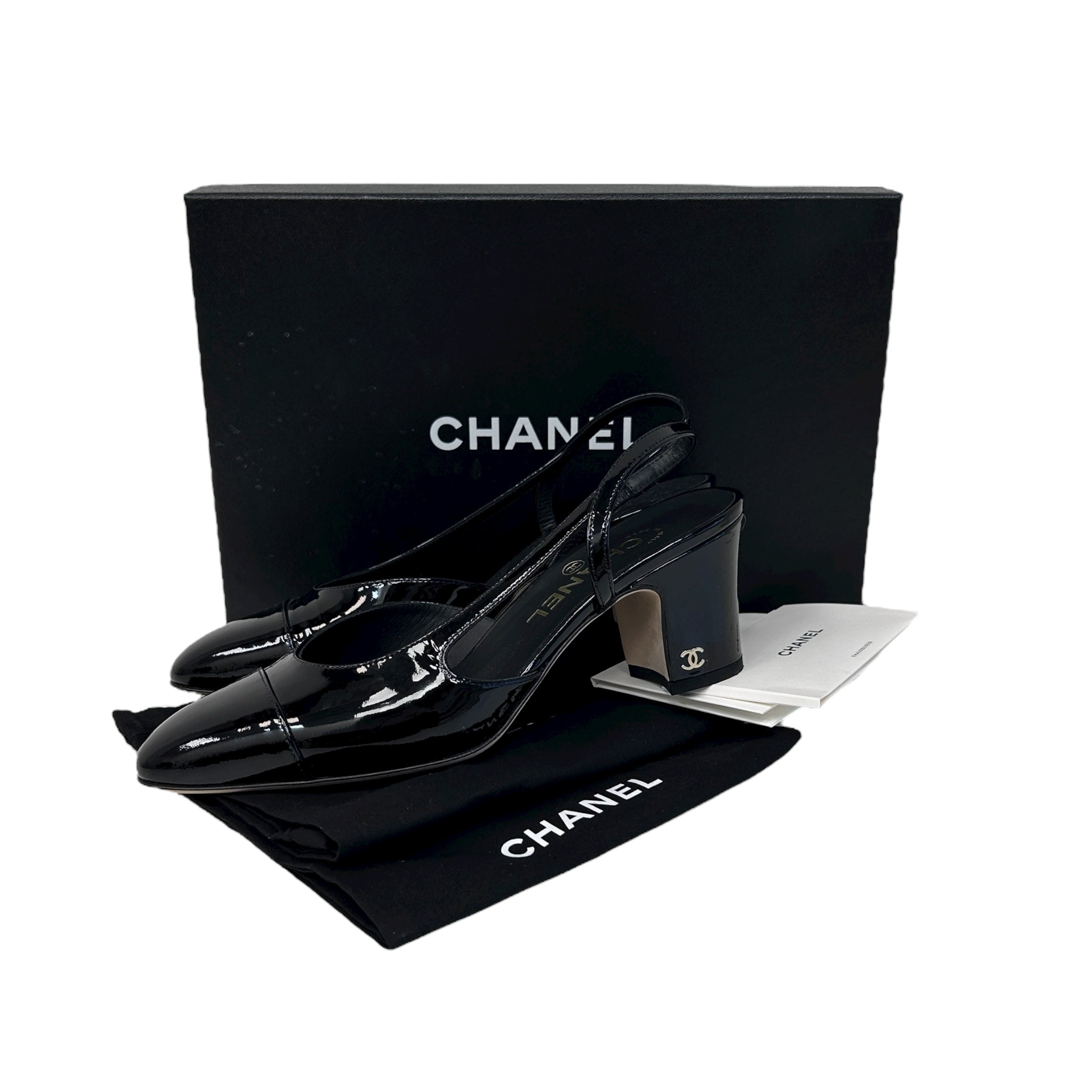 Black Patent Leather Cap Toe Slingback Sandals