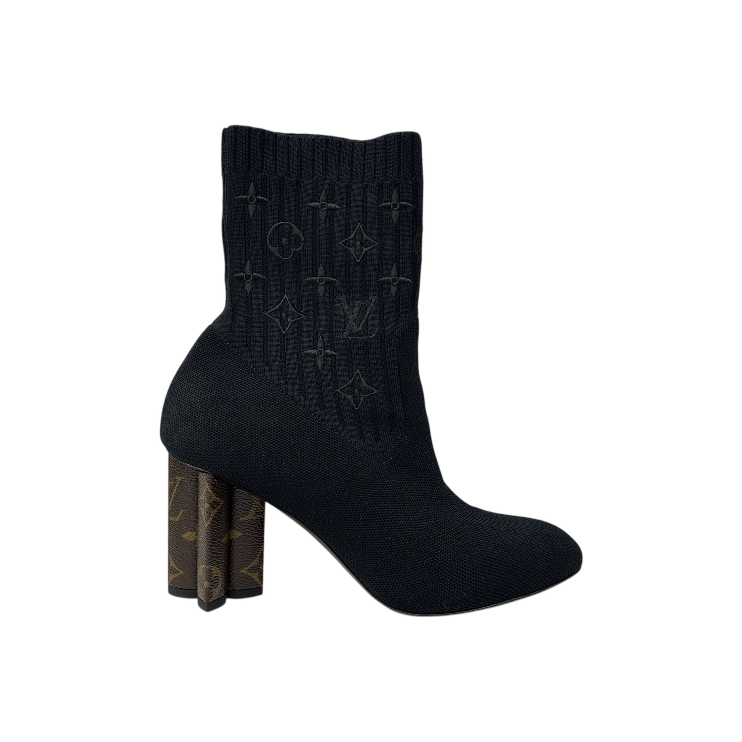 Black Silouette Ankle Boots w/Monogram Block Heel