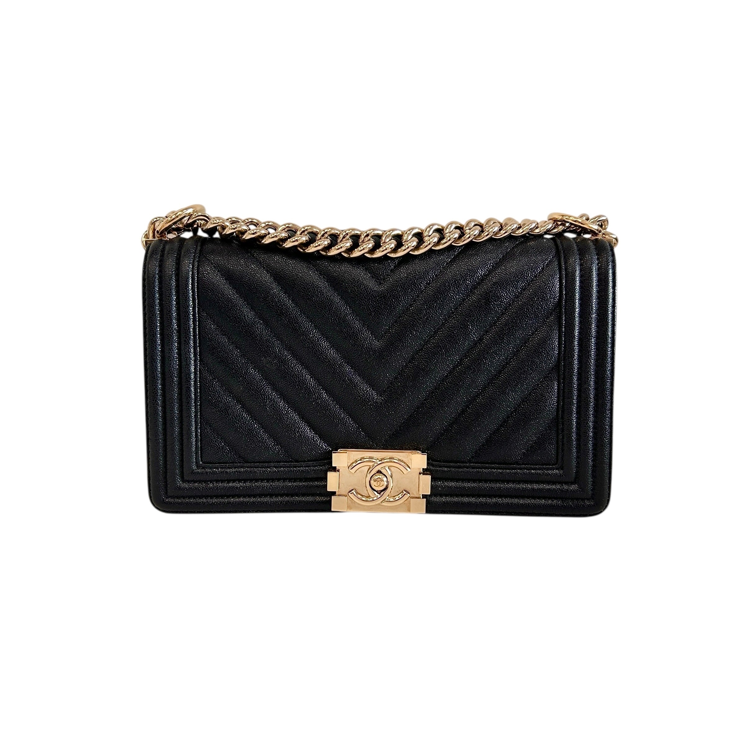 Black Caviar Chevron Old Medium Boy Bag w/LGHW