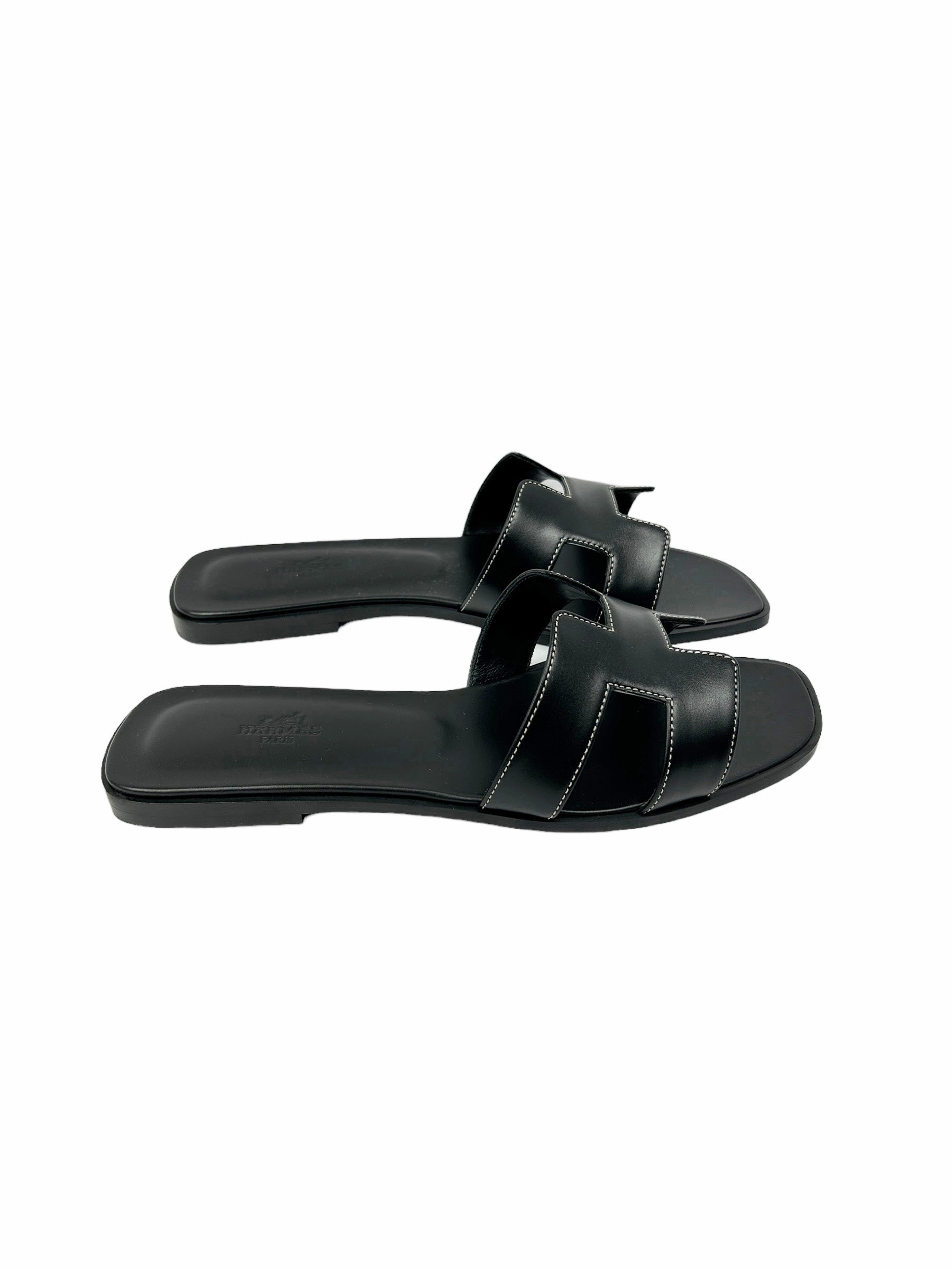 Black Calfskin Leather Oran Sandals