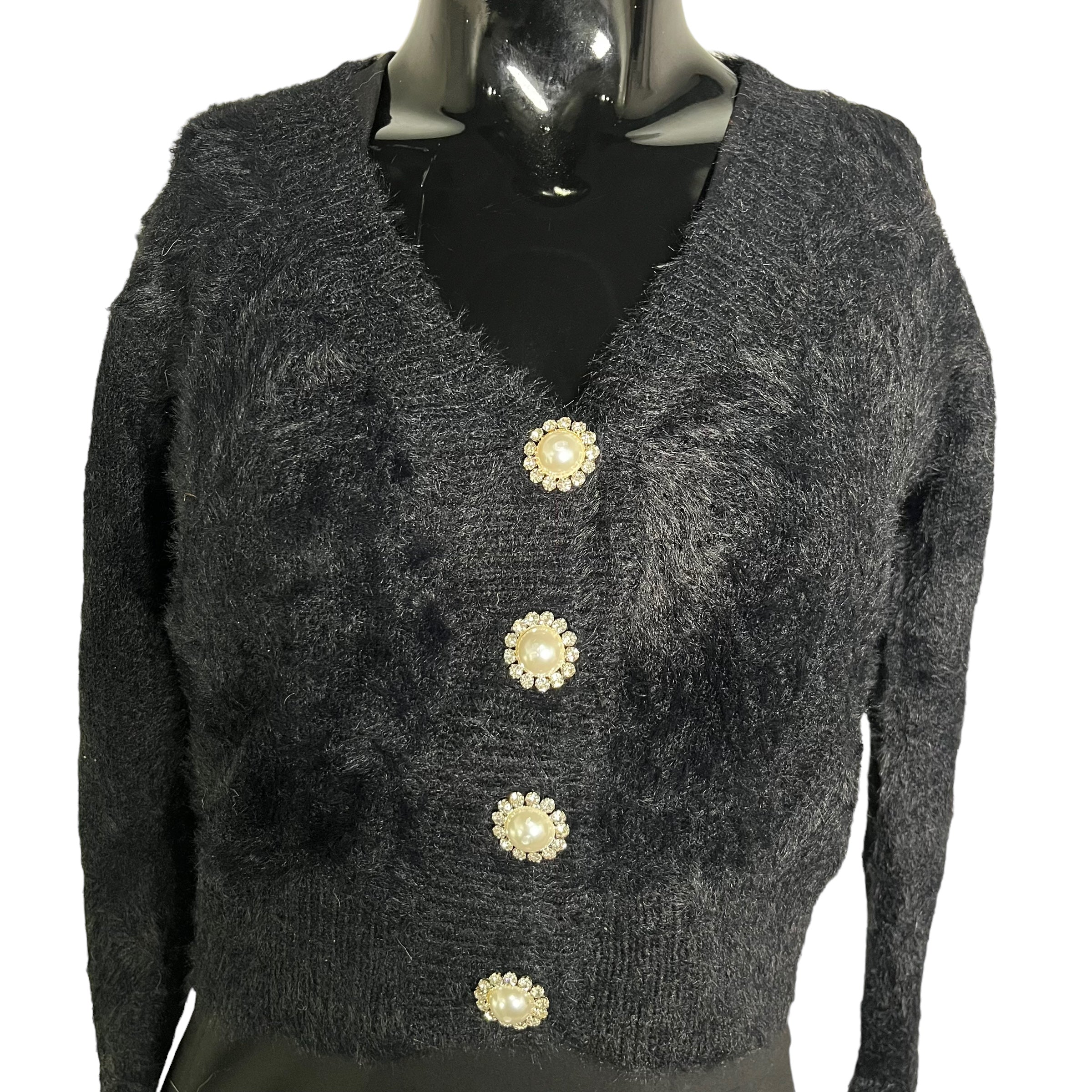 CAPSULLE Black Cropped Cardigan w/ Costume Pearl Buttons