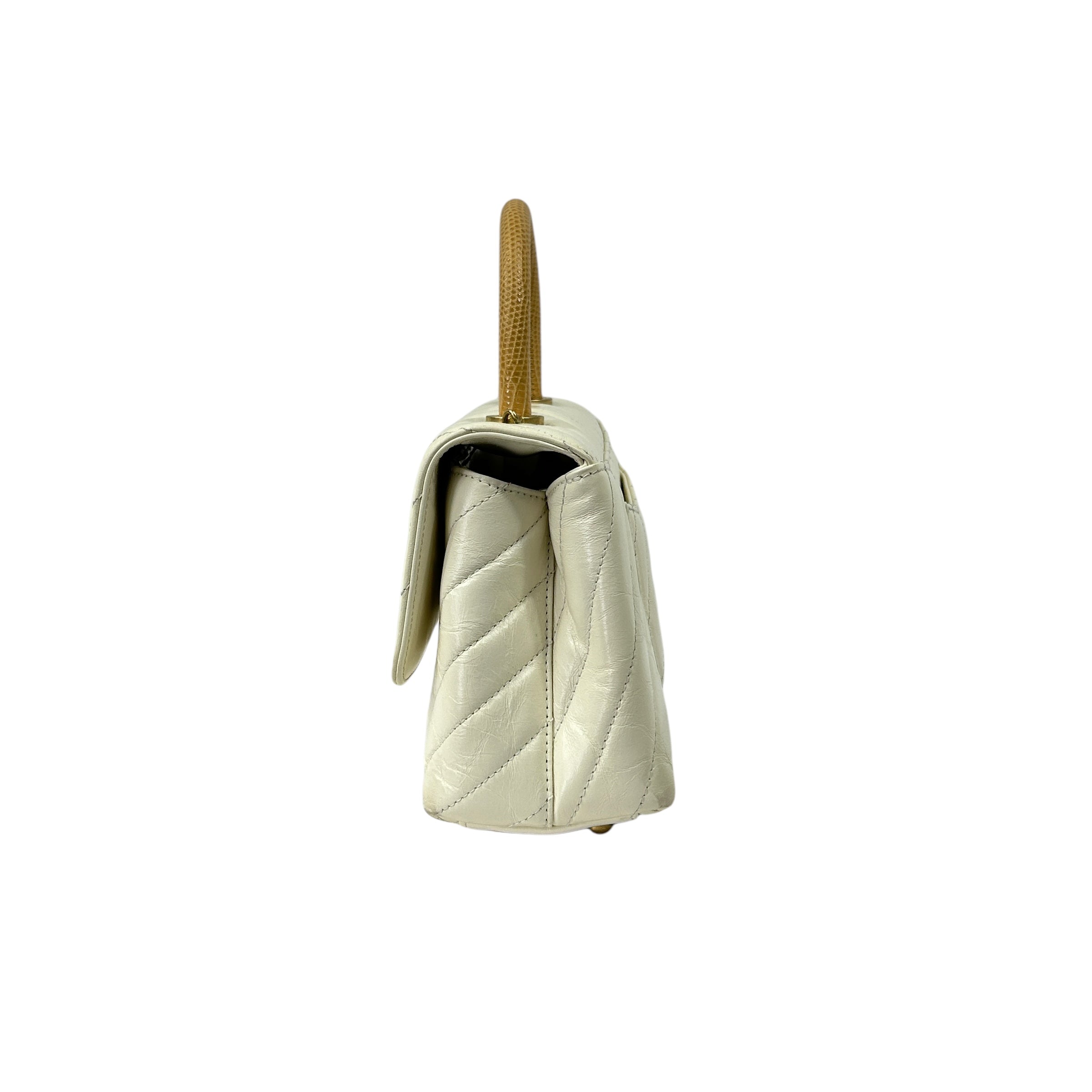 White Chevron Crinkled Calfskin Beige Lizard Mini Coco Handle W/AGHW
