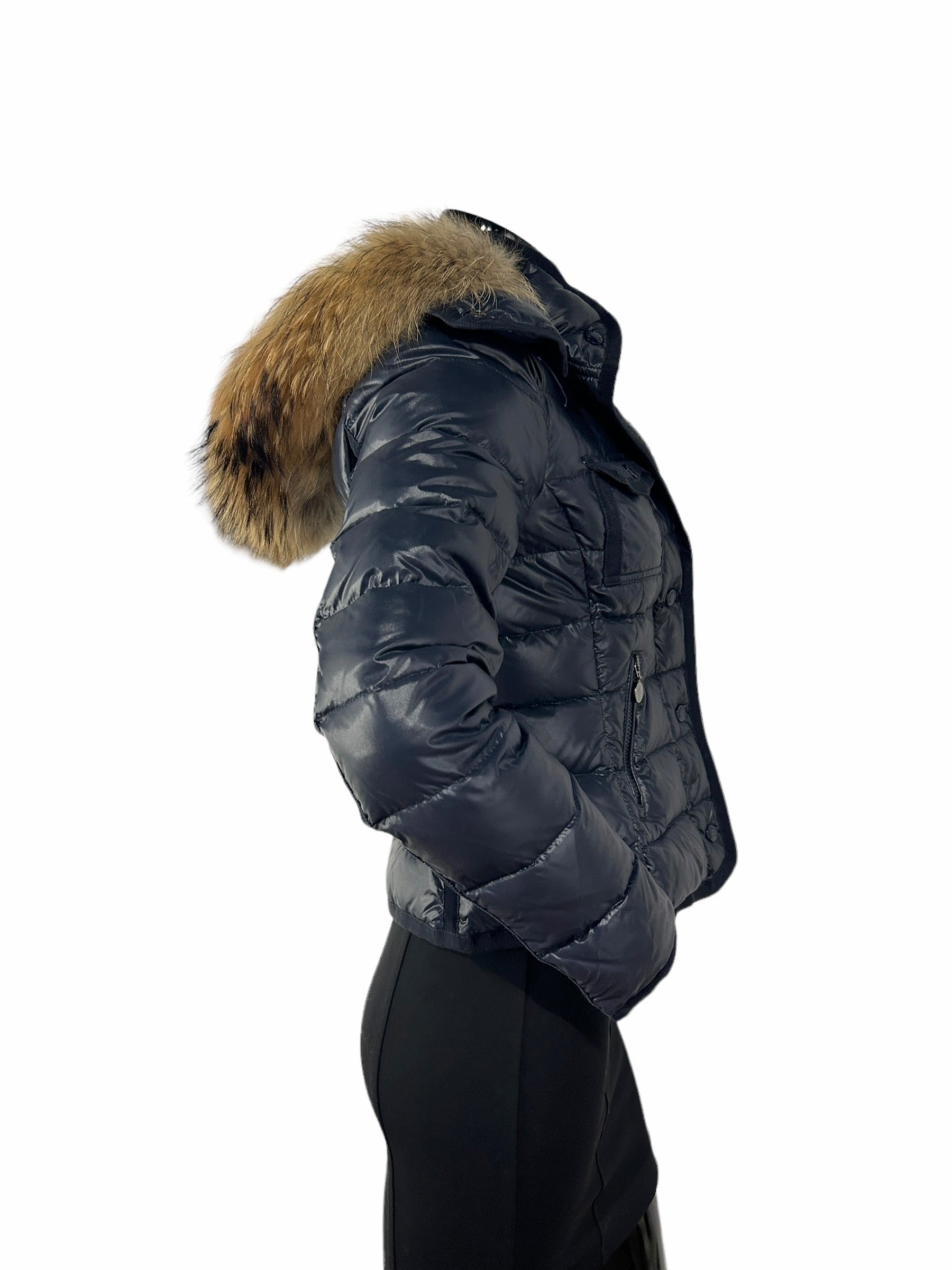 Navy Down Puffer Jacket W Fox Trim Hood