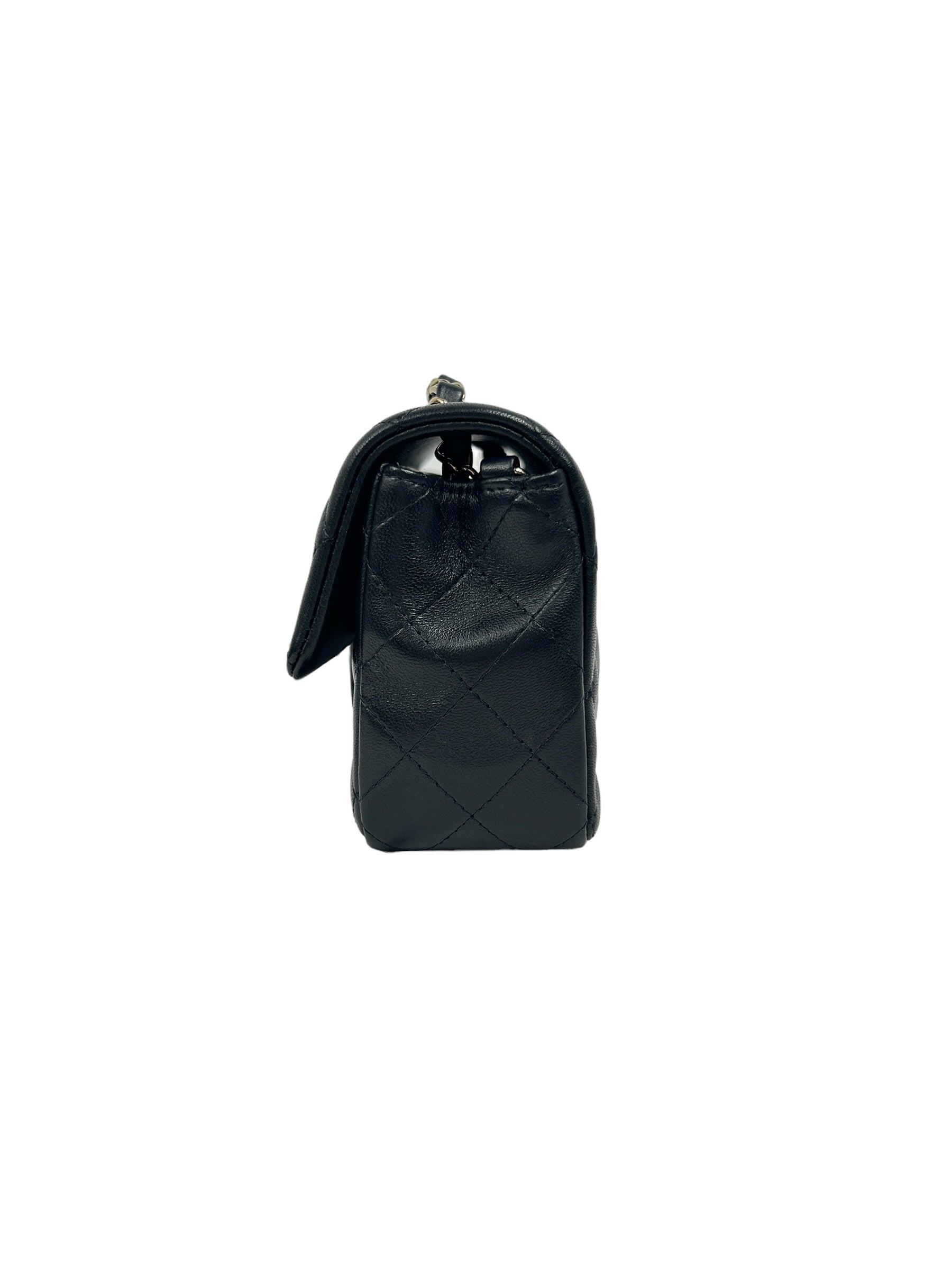 Black Lambskin Quilted Single Mini Rectangle Flap Bag w/ LGHW