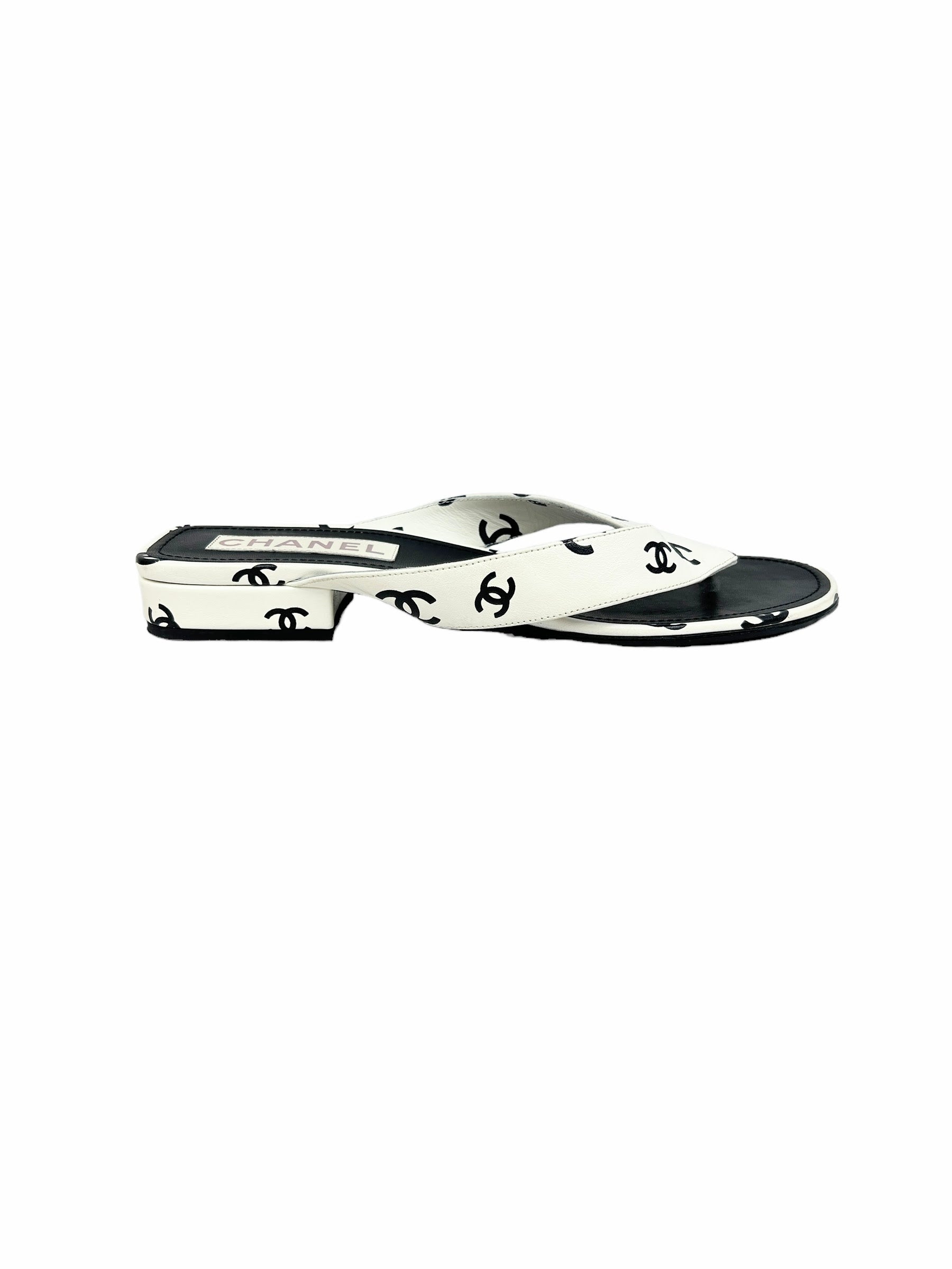 CC White Black Leather Logo Sandals