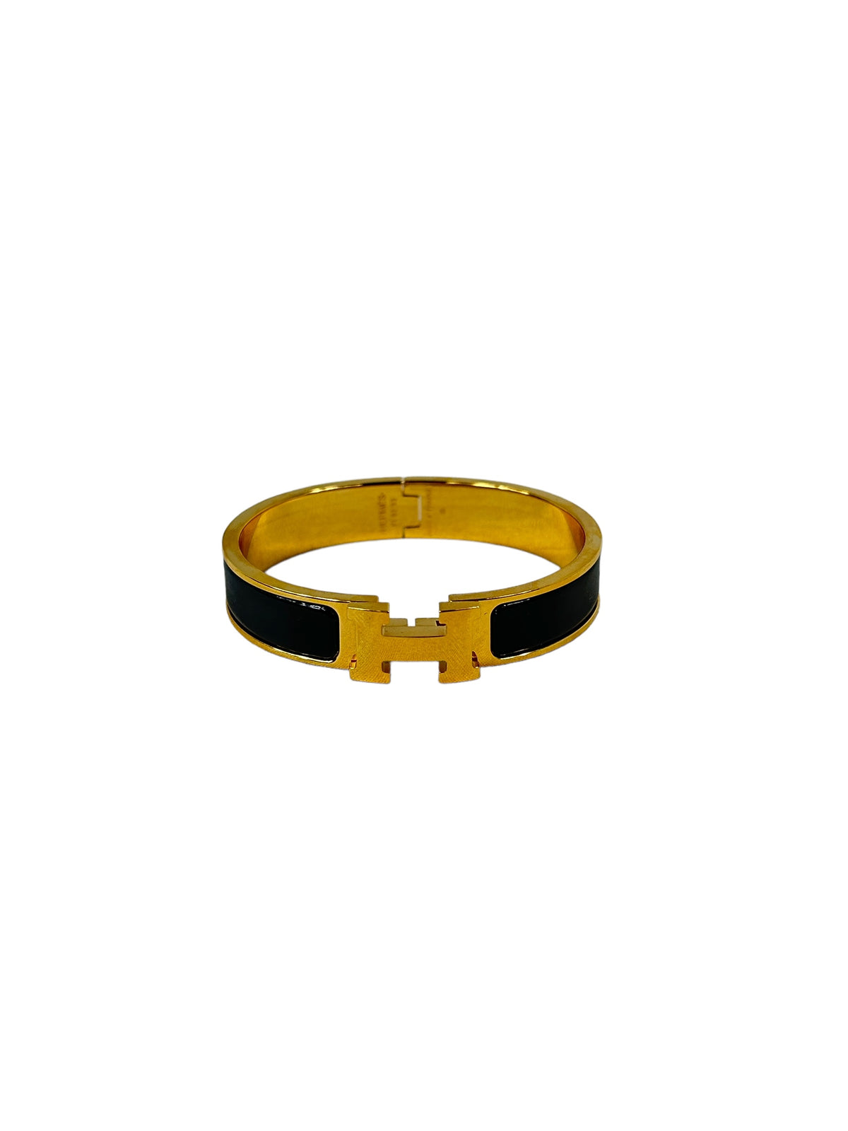 Hermes Enamel PM Gold Black Plated Hermes Black H Clic Clac Gold Hardware Narrow Bracelet Cuff  main image 2