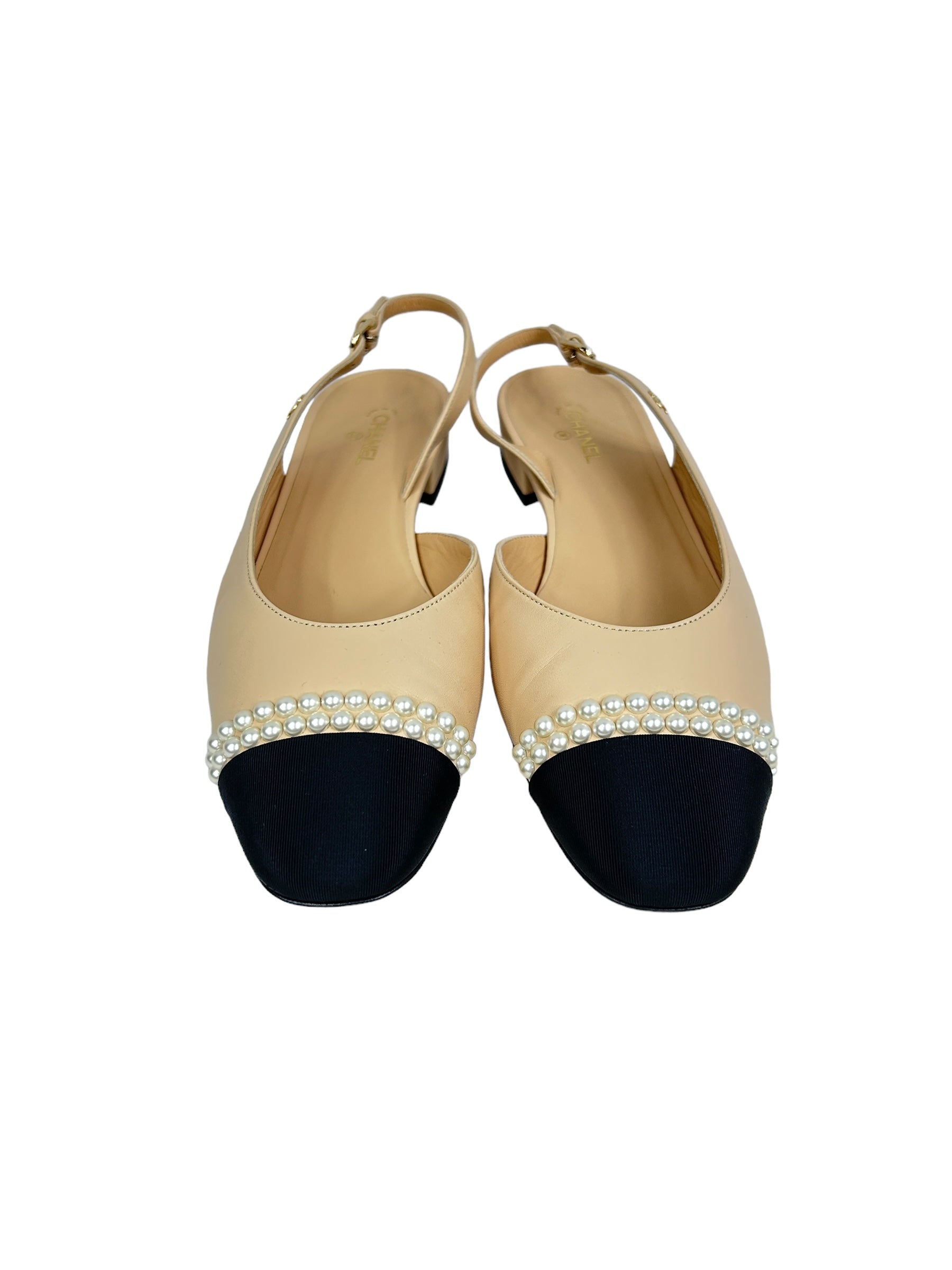 2-Tone Nude Leather/Black Fabric w/ Accent Pearl rounded Toe Low Heel Slingbacks