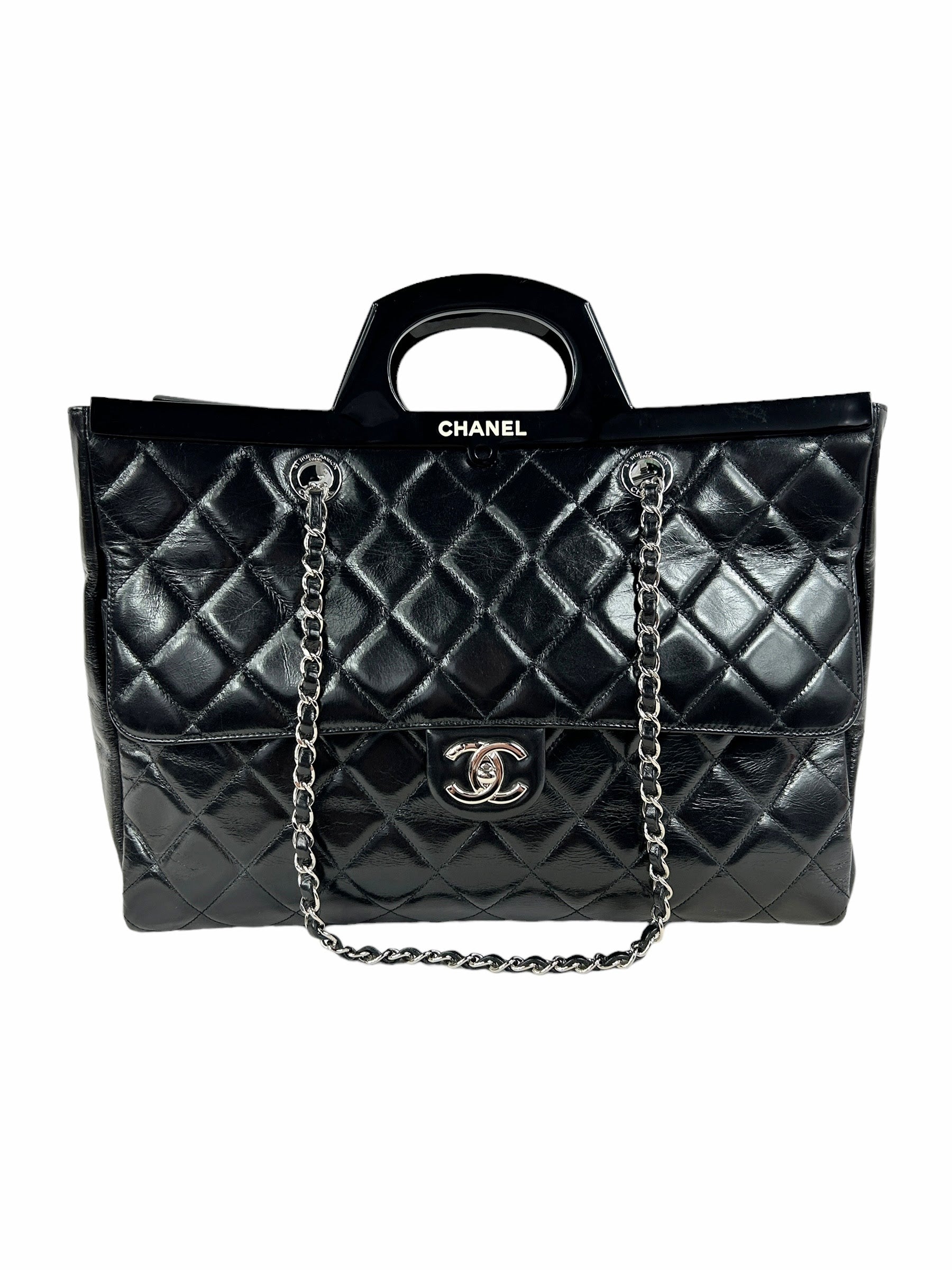 Black Quilted Glazed Calfskin Leather Supermarket Large CC Delivery Tote W/SHW