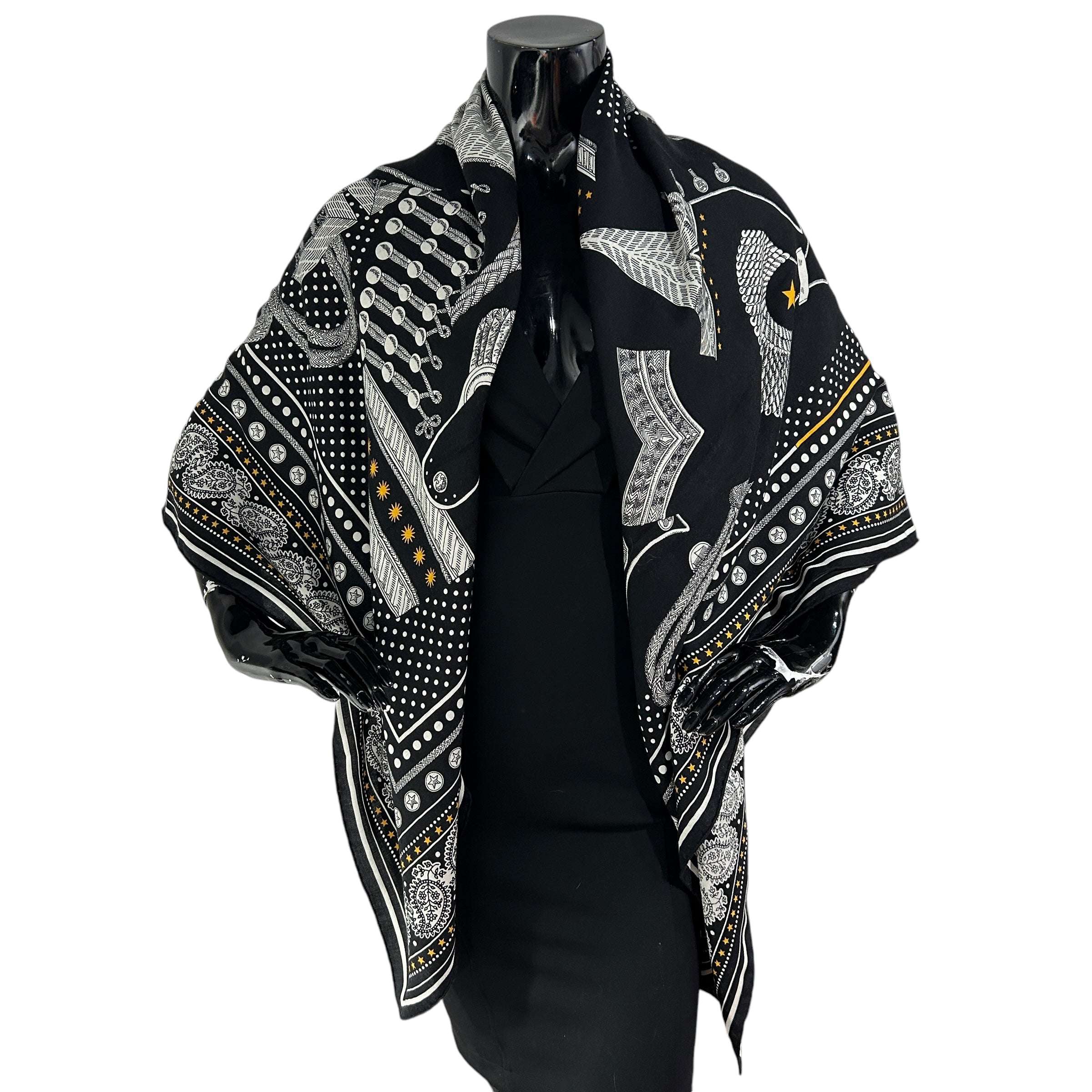 Large Black/Gold/White “Zouaves et Dragons” Cashmere/Silk Shawl