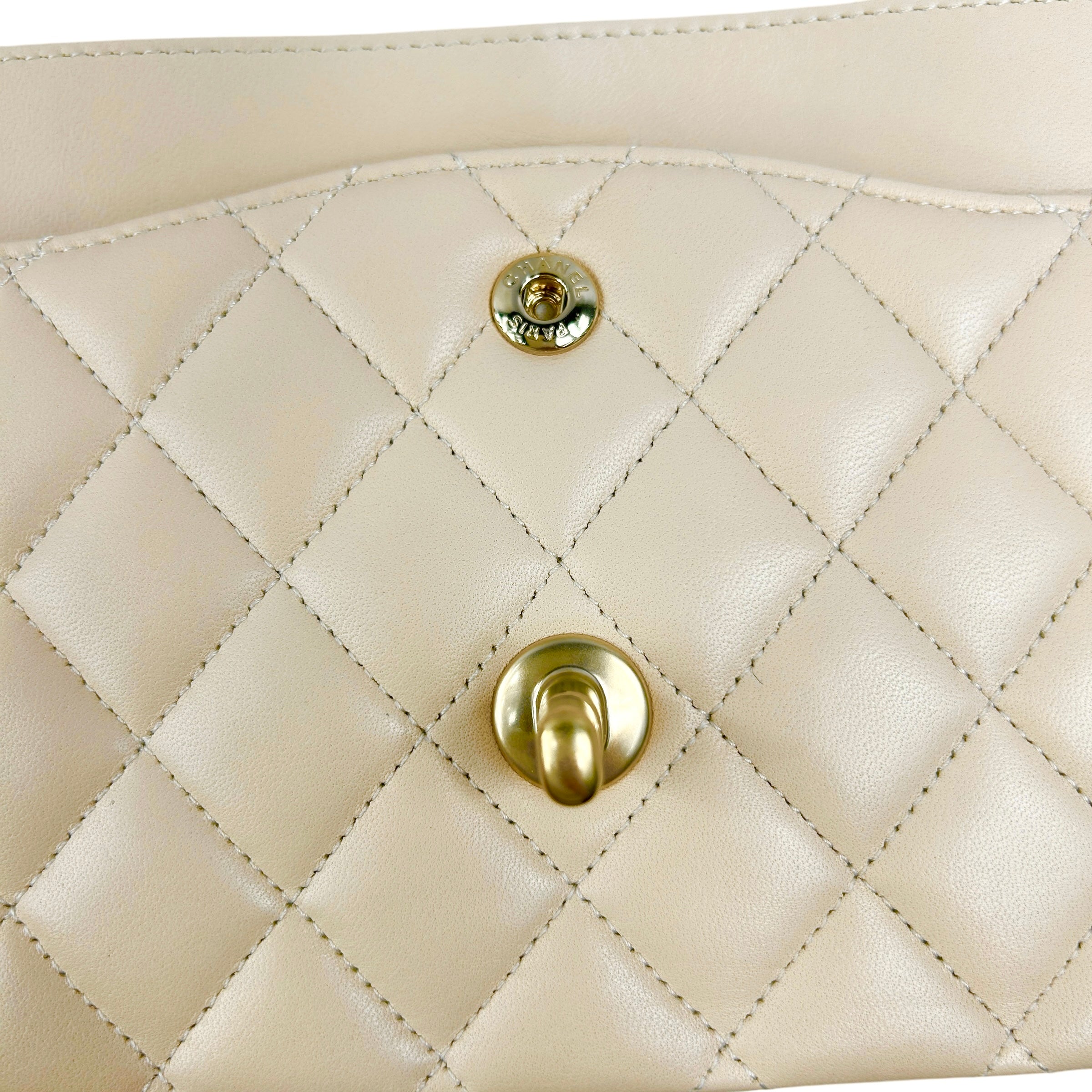 Light Beige Quilted Lambskin Medium Double Flap w/ Brushed GHW