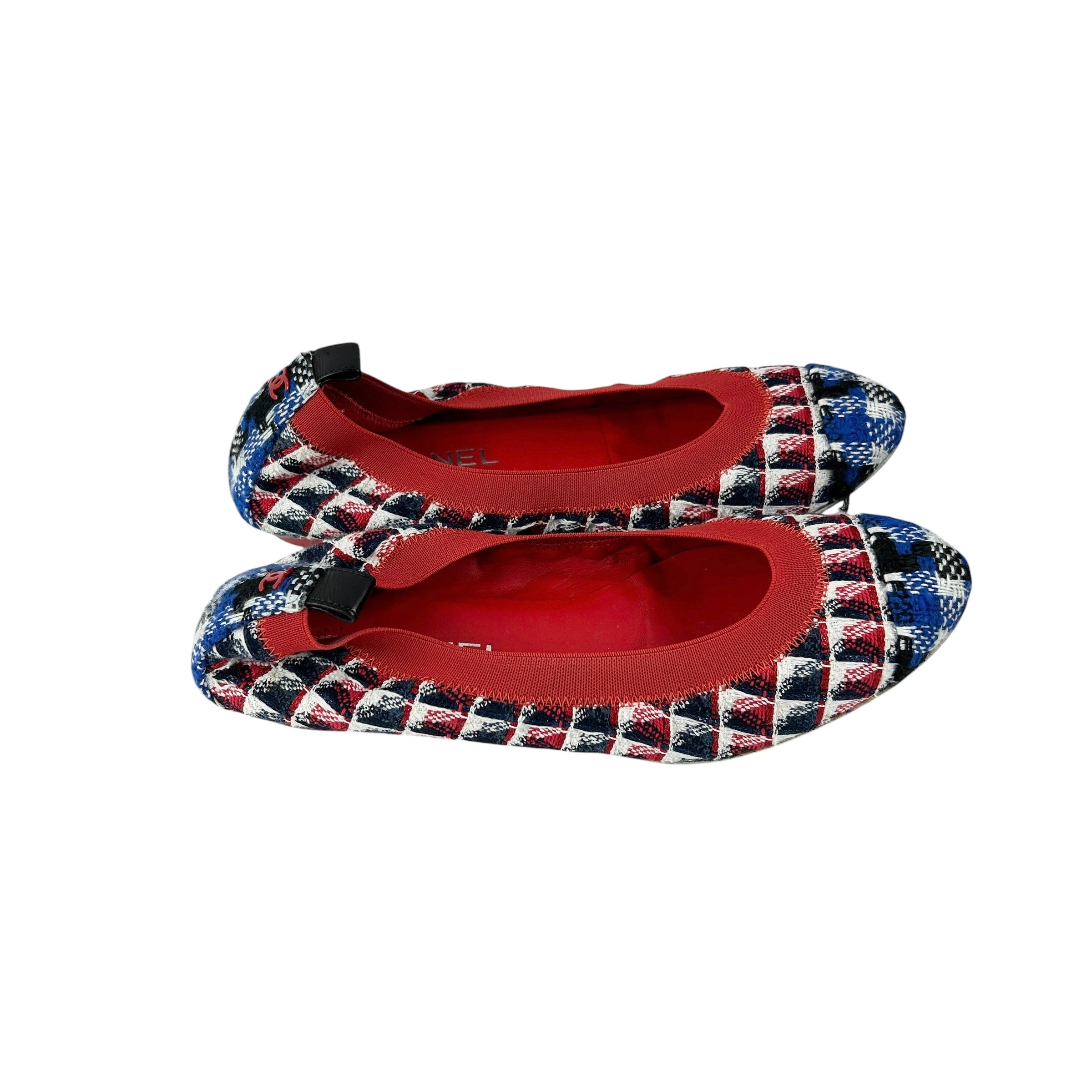 Blue/Red/White/Black Tweed Elastic Heel Ballet Flats