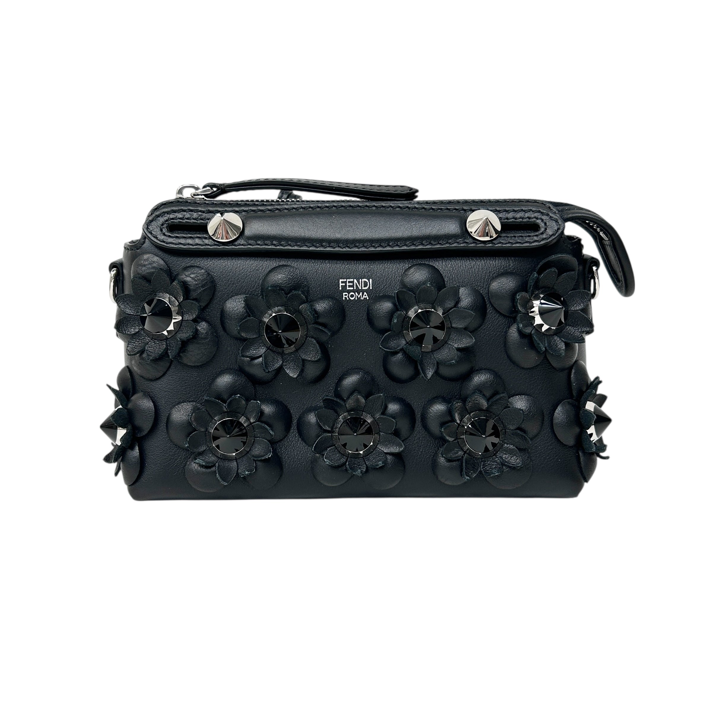 Black Leather Flower Studded Mini By the Way Bag w/SHW