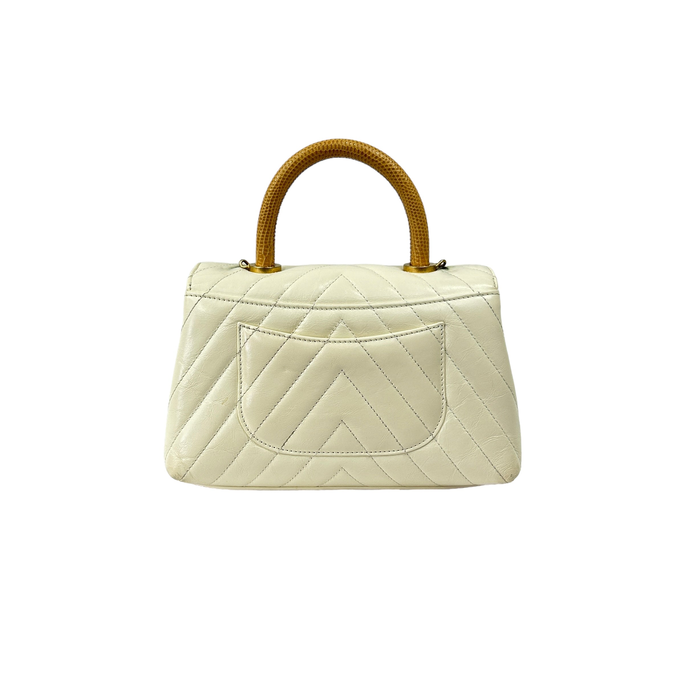 White Chevron Crinkled Calfskin Beige Lizard Mini Coco Handle W/AGHW