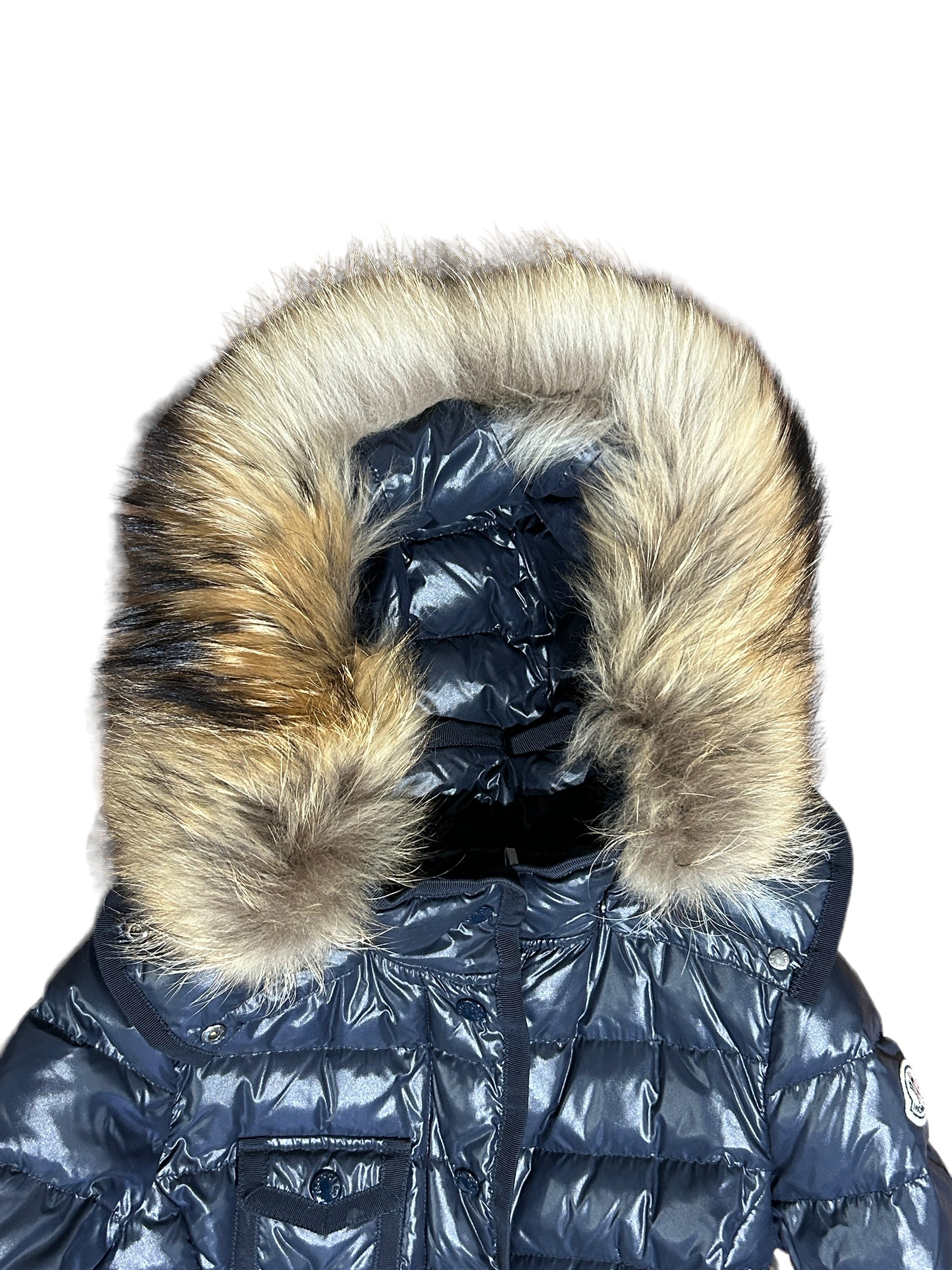 Navy Down Puffer Jacket W Fox Trim Hood