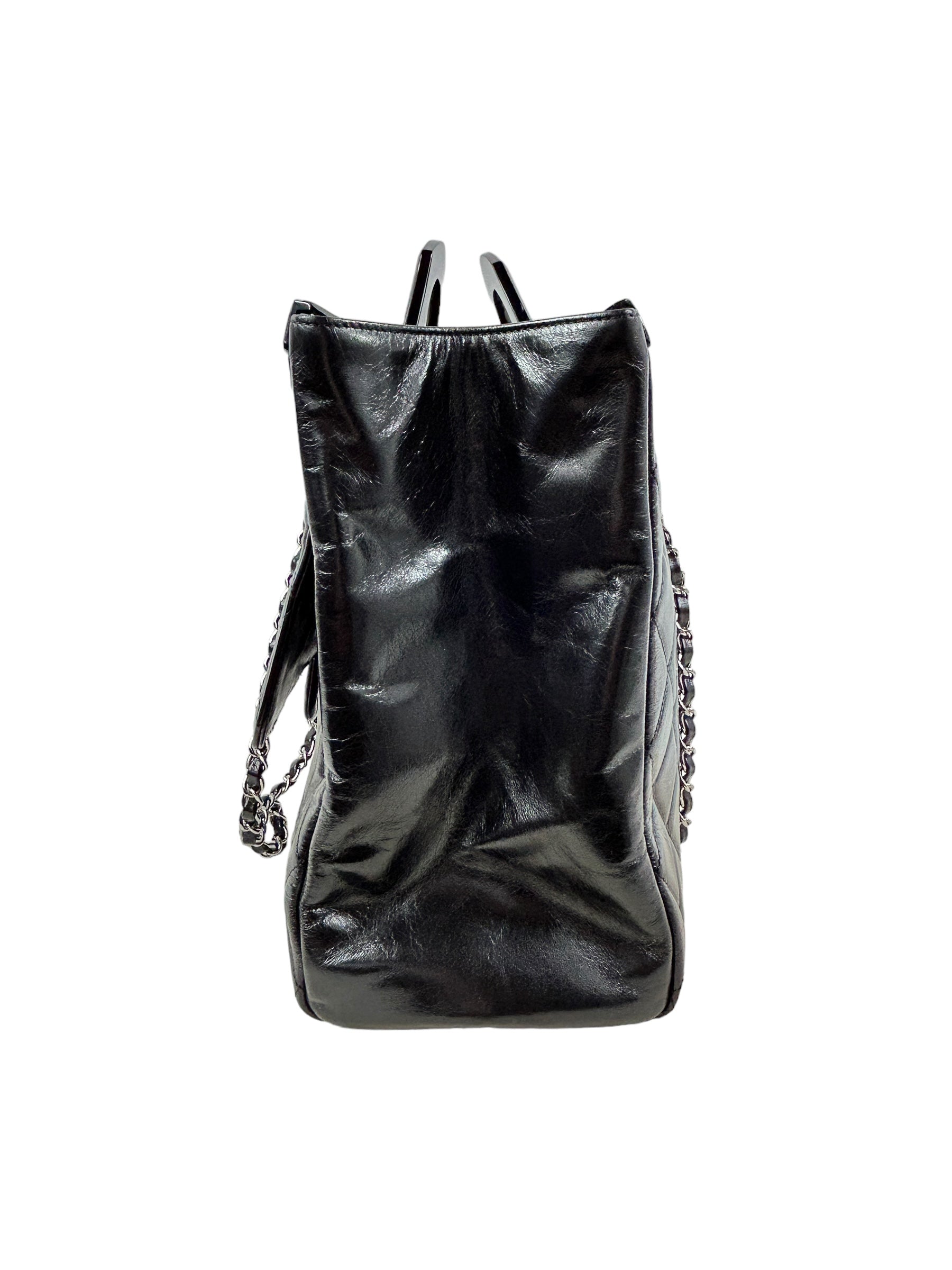Black Quilted Glazed Calfskin Leather Supermarket Large CC Delivery Tote W/SHW