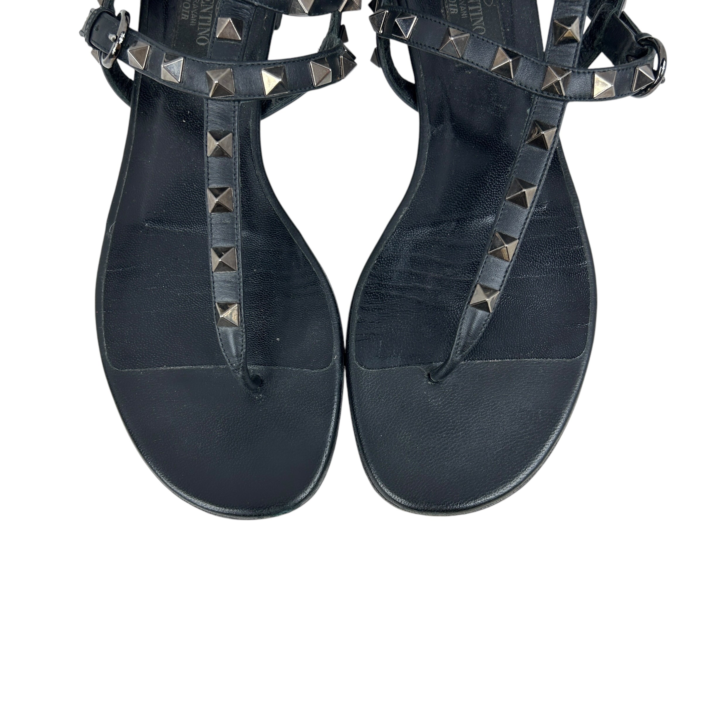 Black Leather Rockstud Flat Sandals