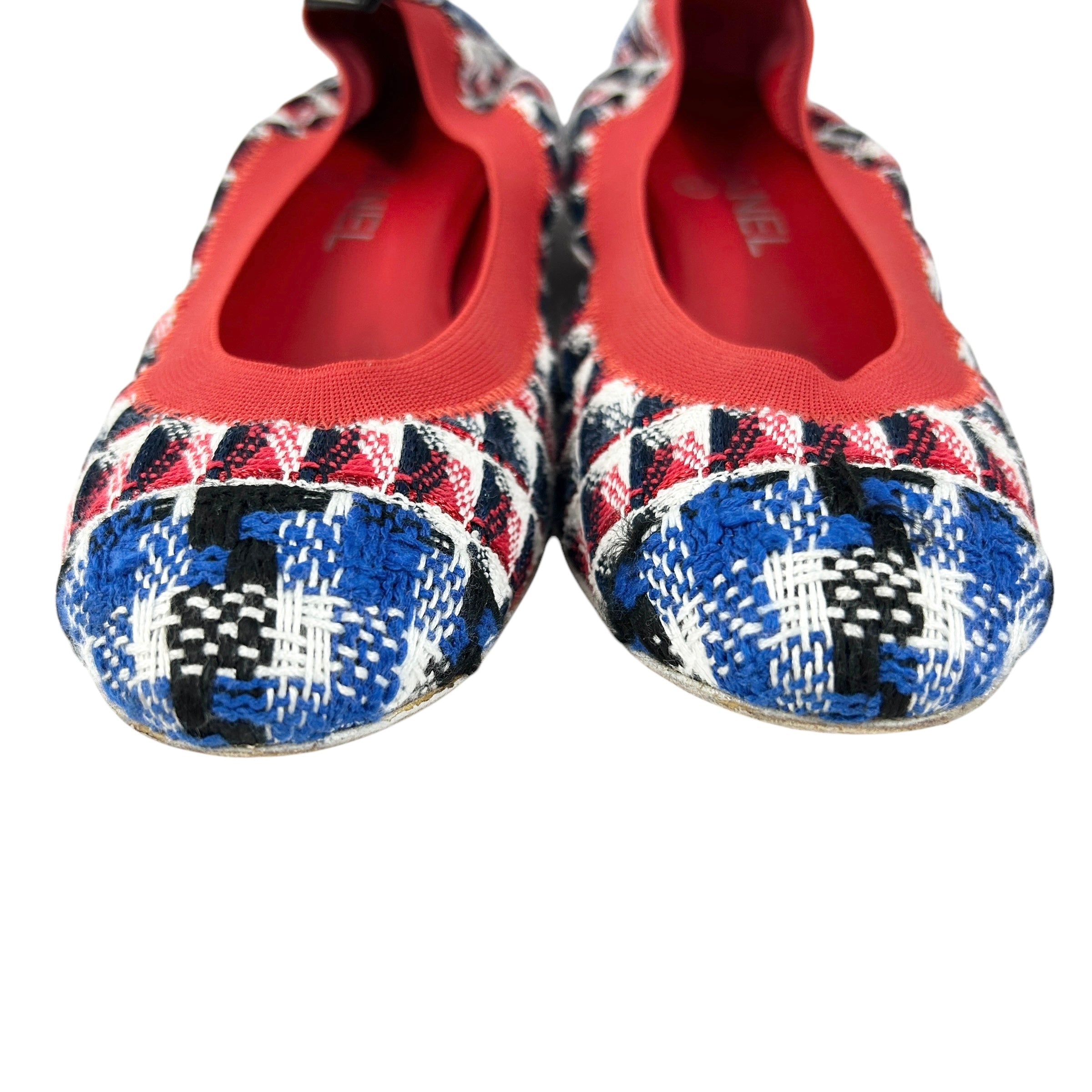Blue/Red/White/Black Tweed Elastic Heel Ballet Flats