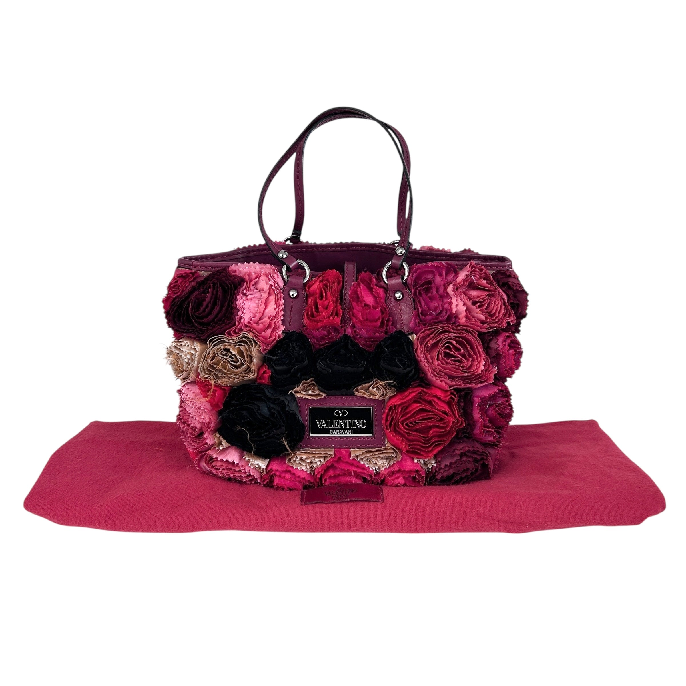 Red Satin/Leather Applique Flower Shopper Tote