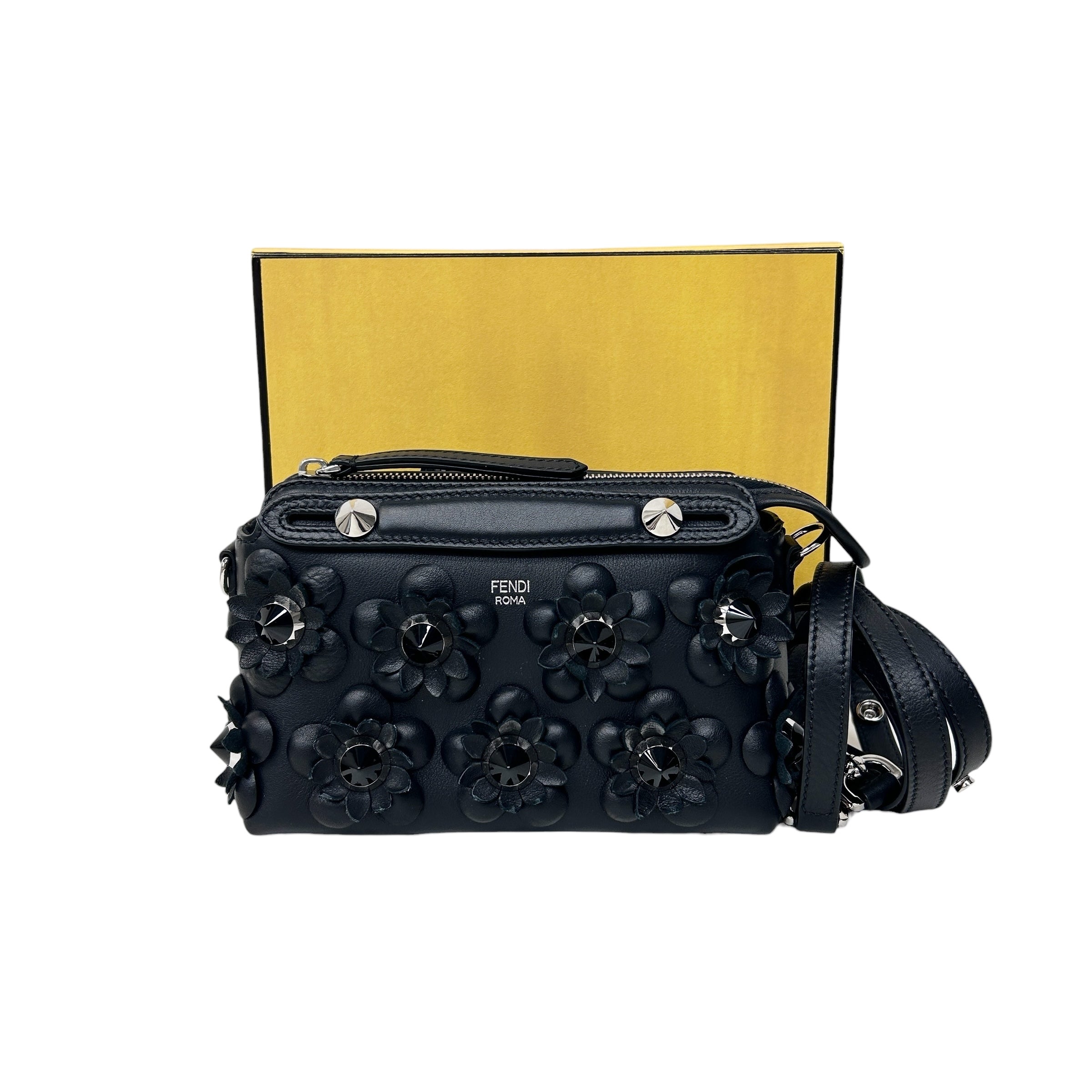 Black Leather Flower Studded Mini By the Way Bag w/SHW