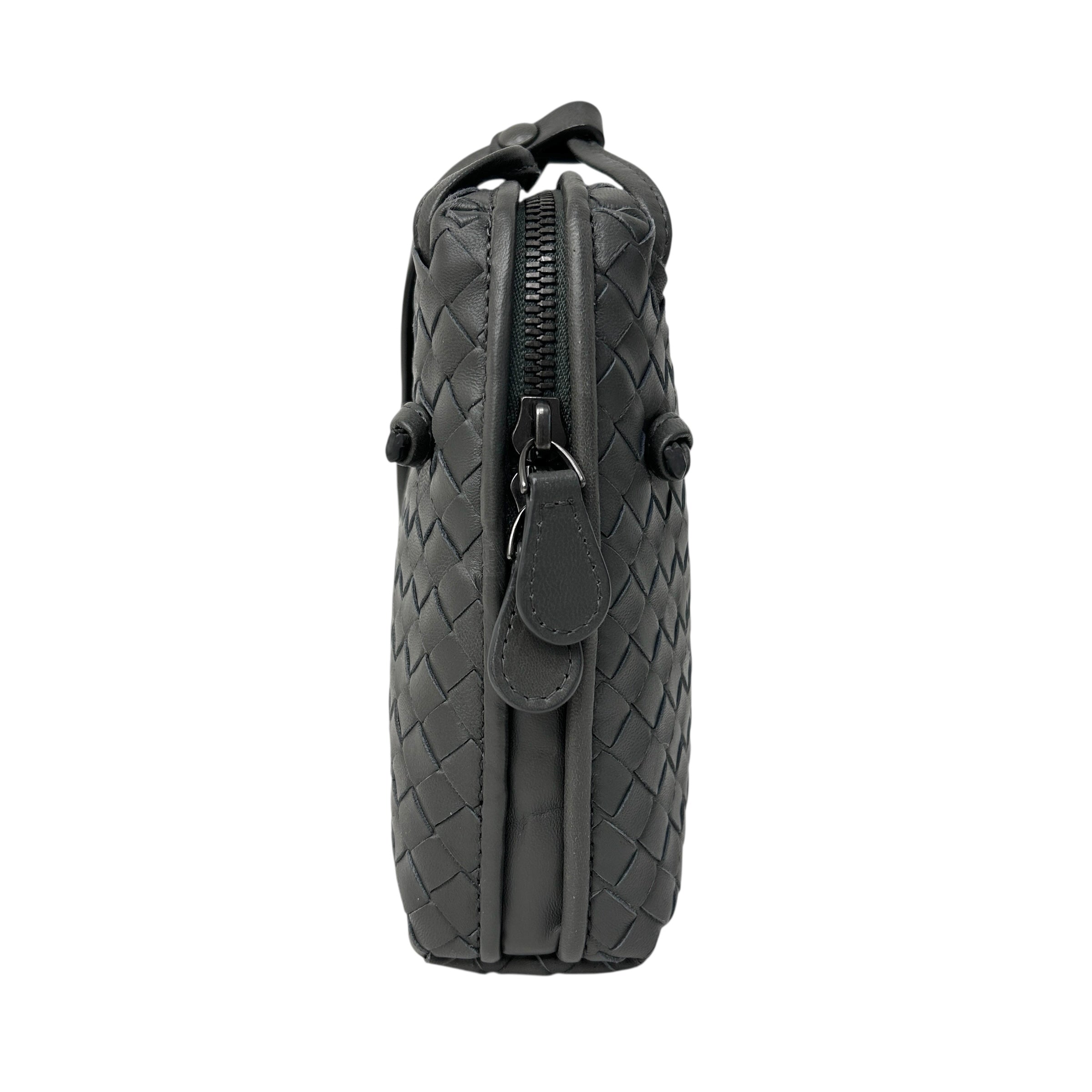 Grey Intrecciato Woven Nappa Leather Nodini Crossbody Bag w/Gunmetal HW