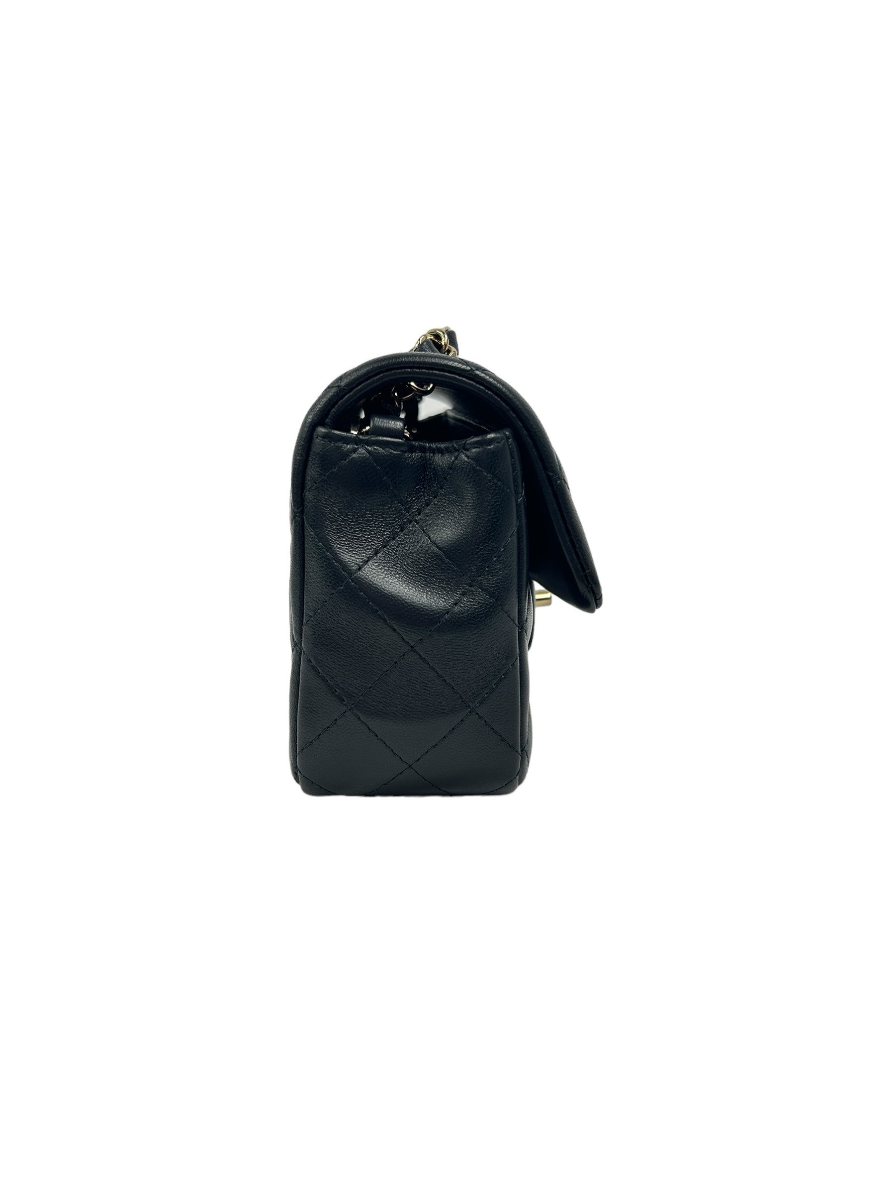 Black Lambskin Quilted Single Mini Rectangle Flap Bag w/ LGHW