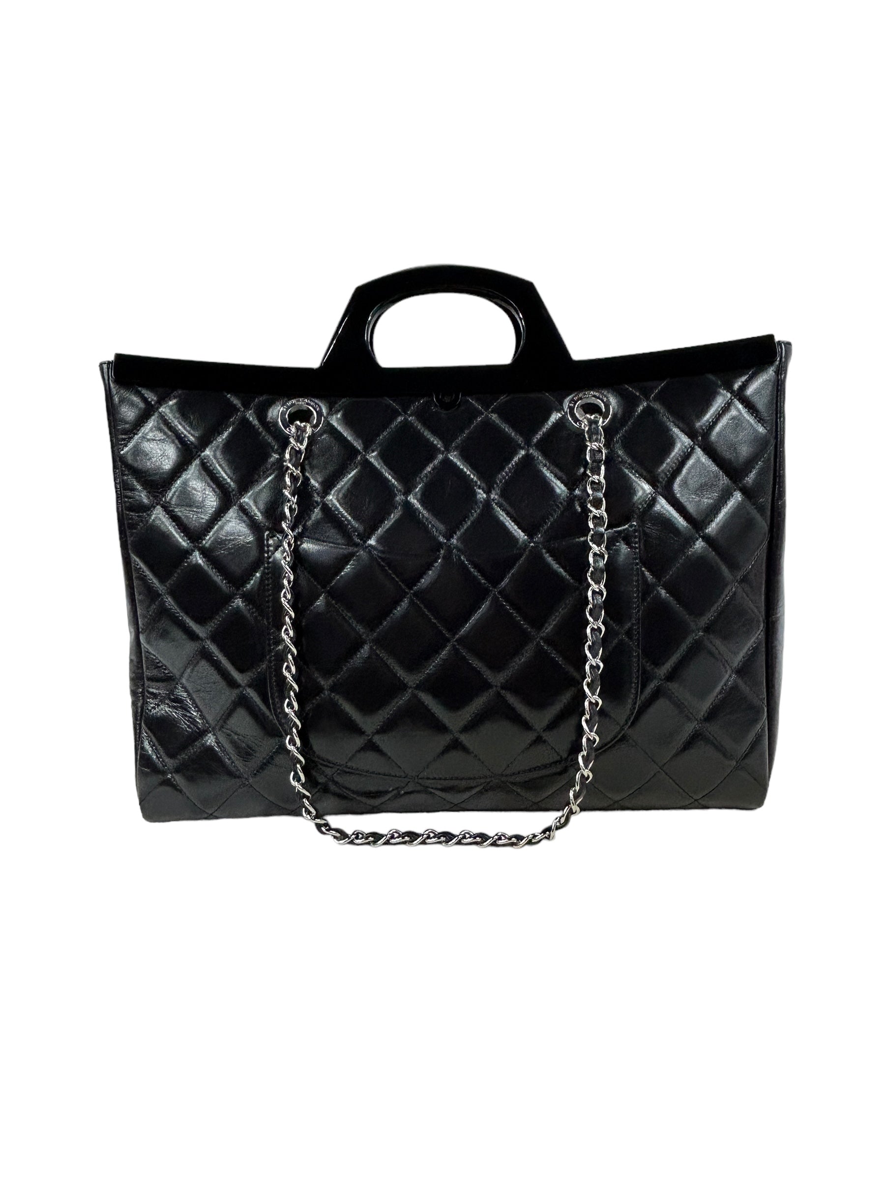 Black Quilted Glazed Calfskin Leather Supermarket Large CC Delivery Tote W/SHW