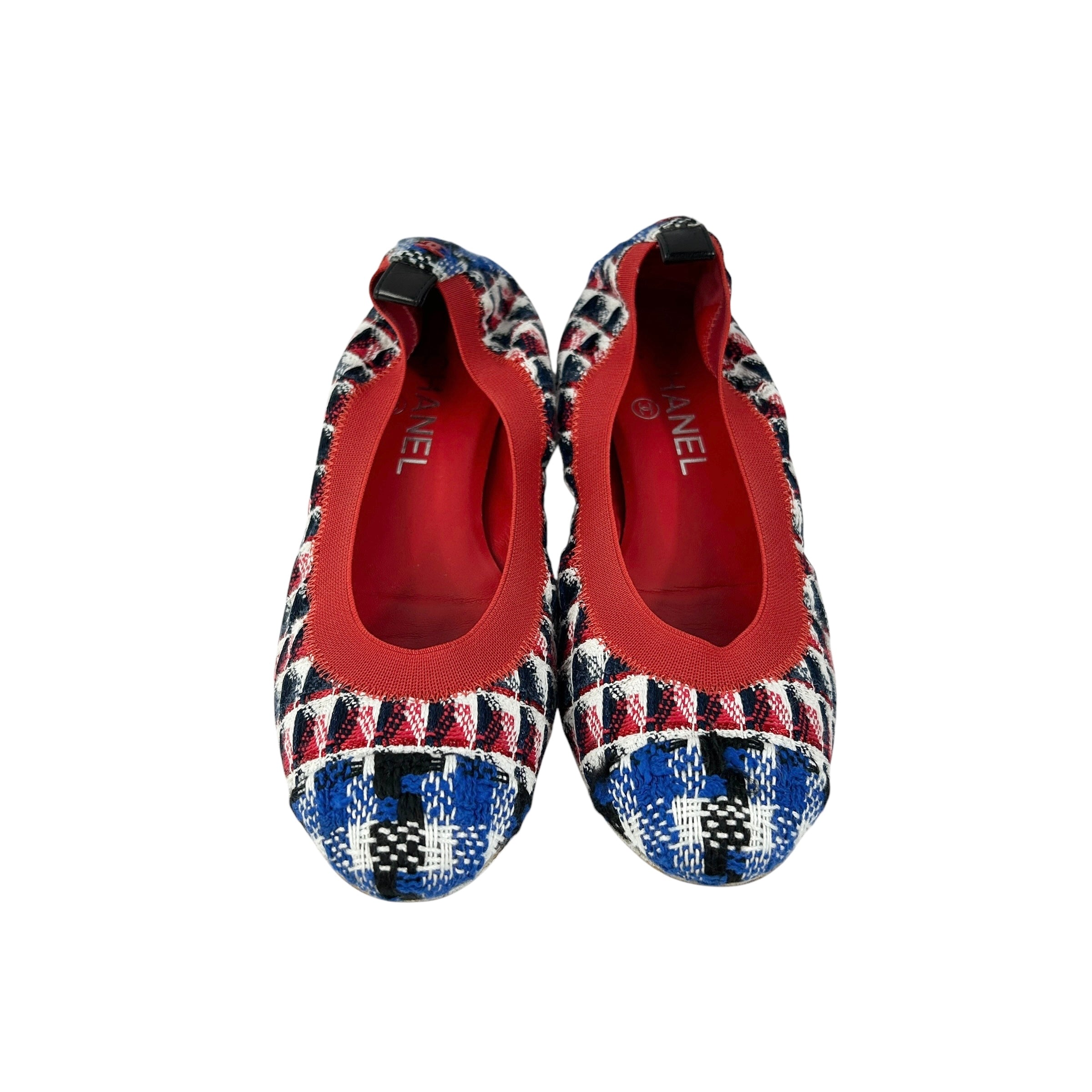 Blue/Red/White/Black Tweed Elastic Heel Ballet Flats