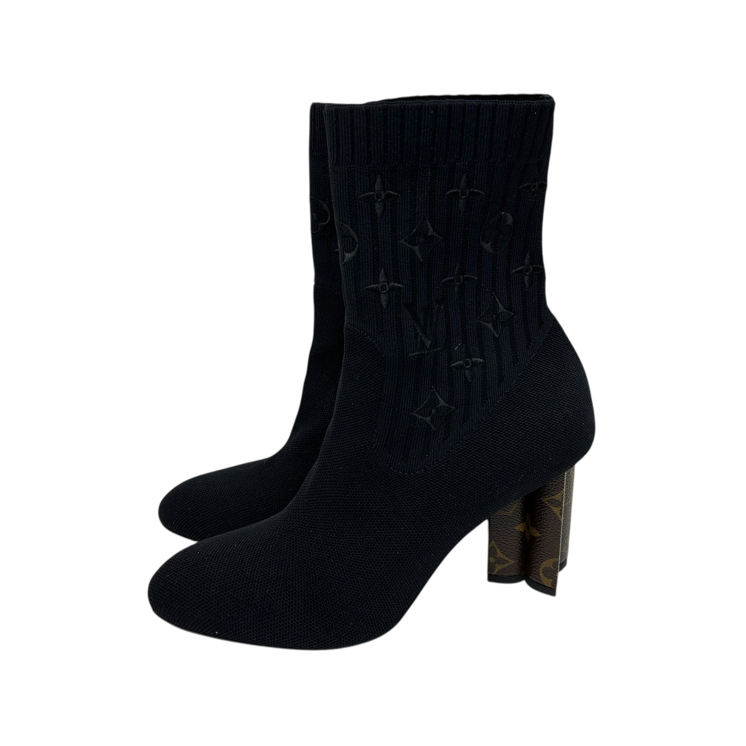 Black Silouette Ankle Boots w/Monogram Block Heel