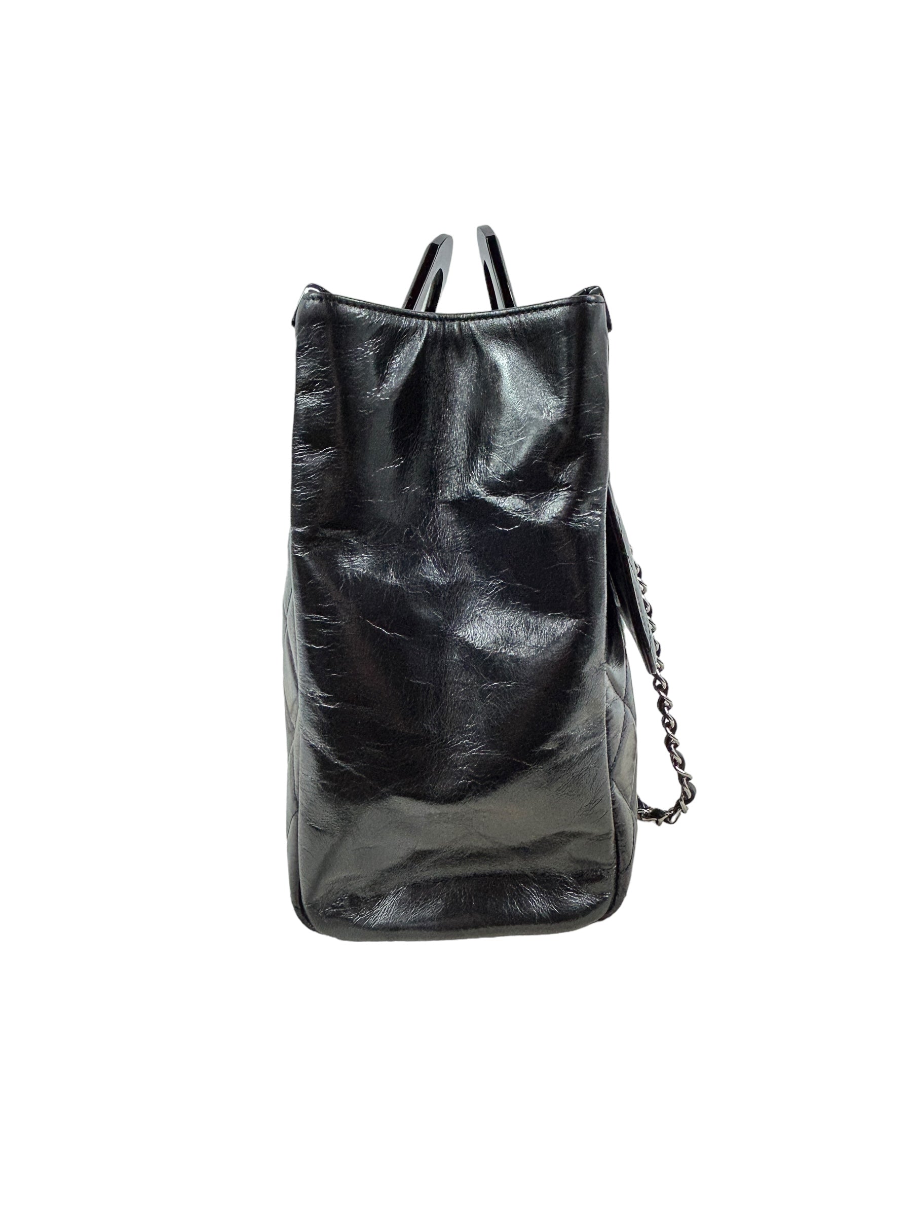 Black Quilted Glazed Calfskin Leather Supermarket Large CC Delivery Tote W/SHW