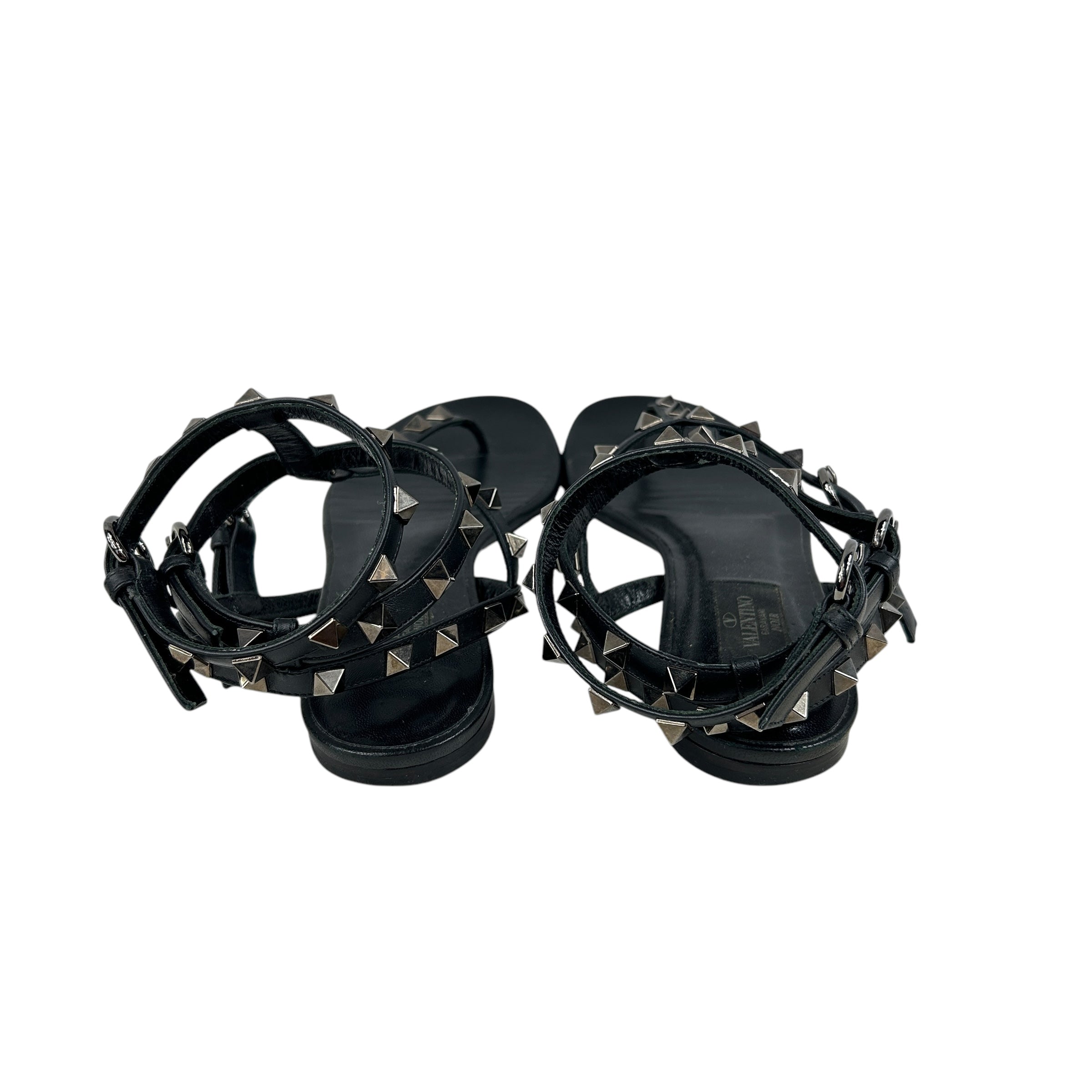 Black Leather Rockstud Flat Sandals