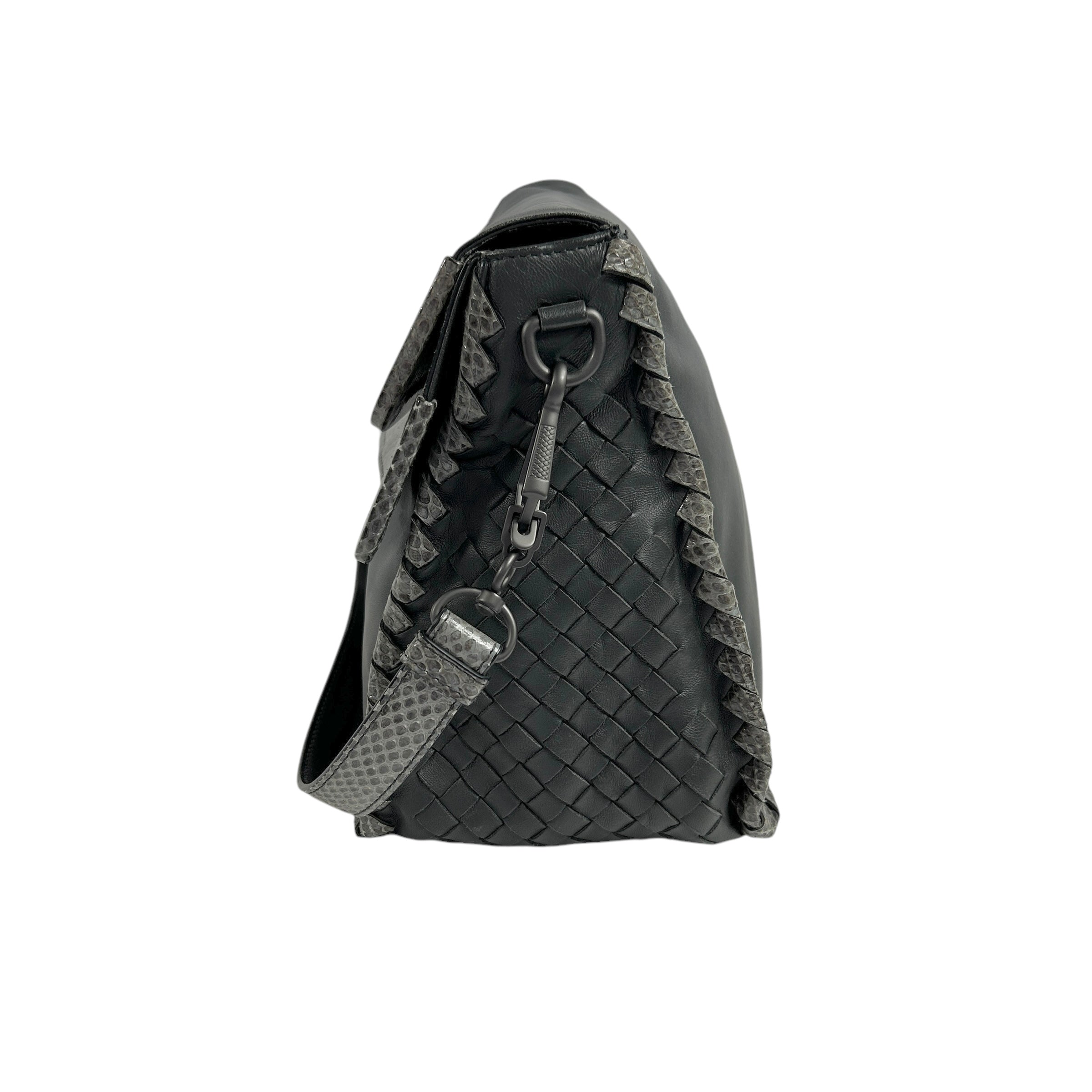 Gray Lambskin / Snakeskin Detail Foldover Bag