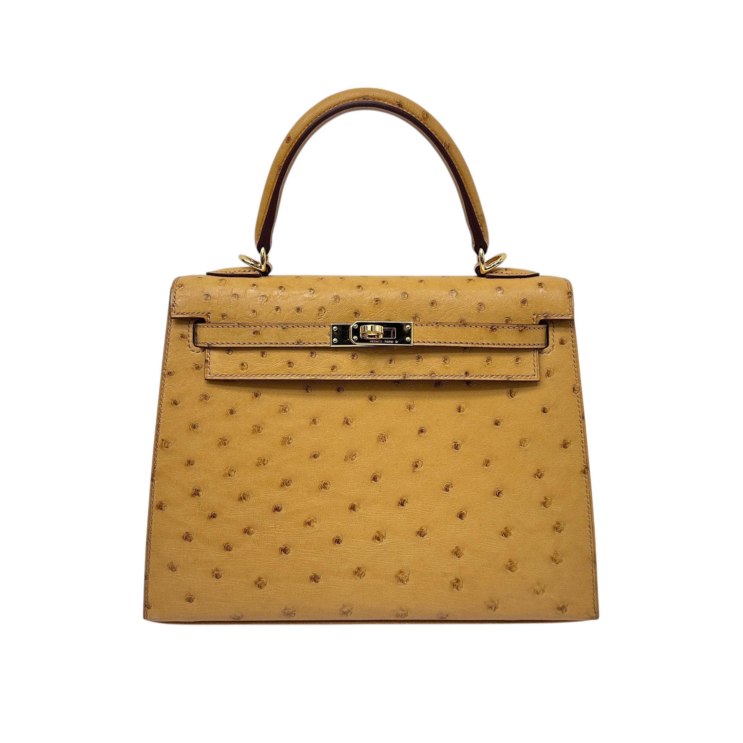 Tabac-Camel Ostrich Leather Kelly Sellier 25 Bag w/GHW