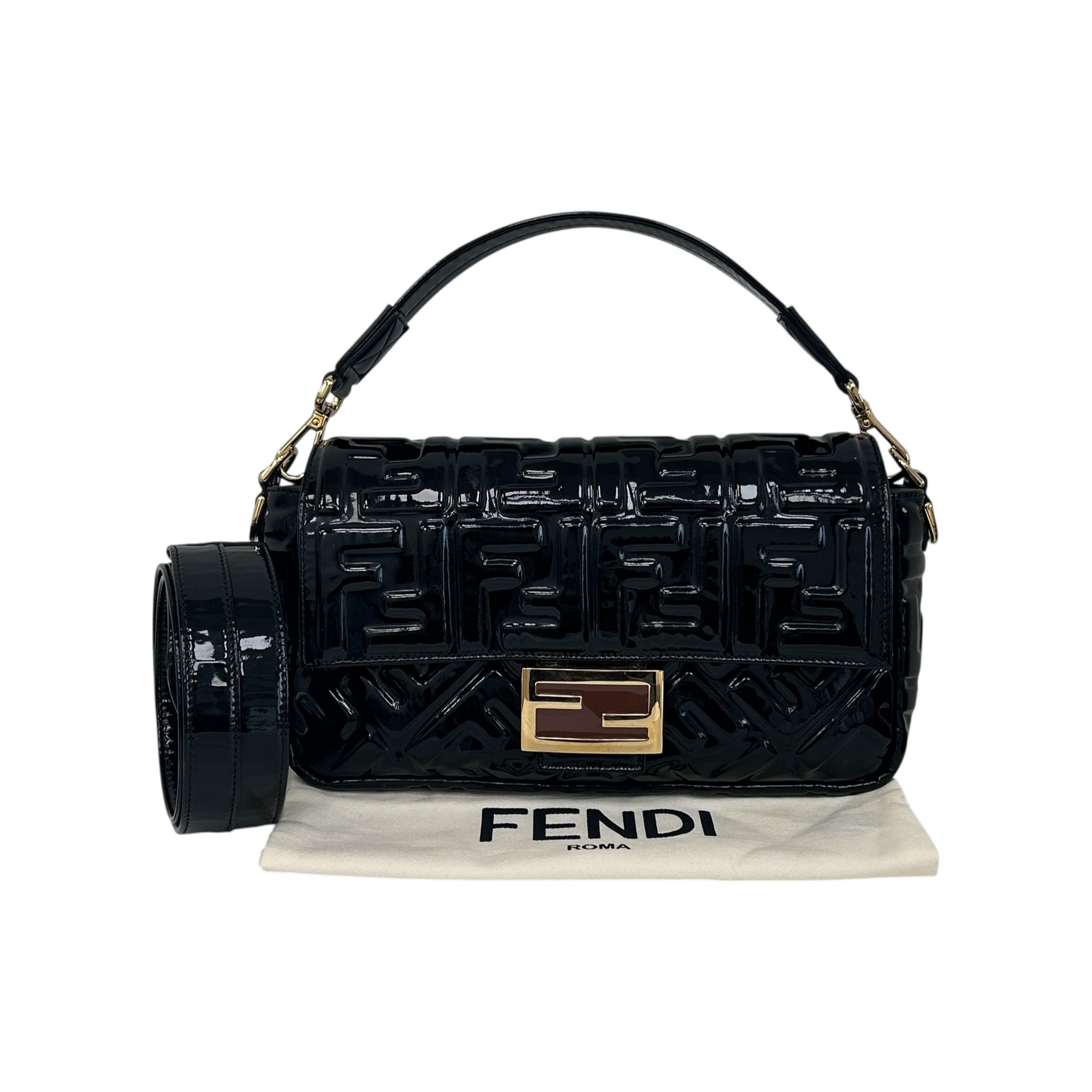 Black Large Zucca Embossed Patent Baguette Bag w/strap GHW