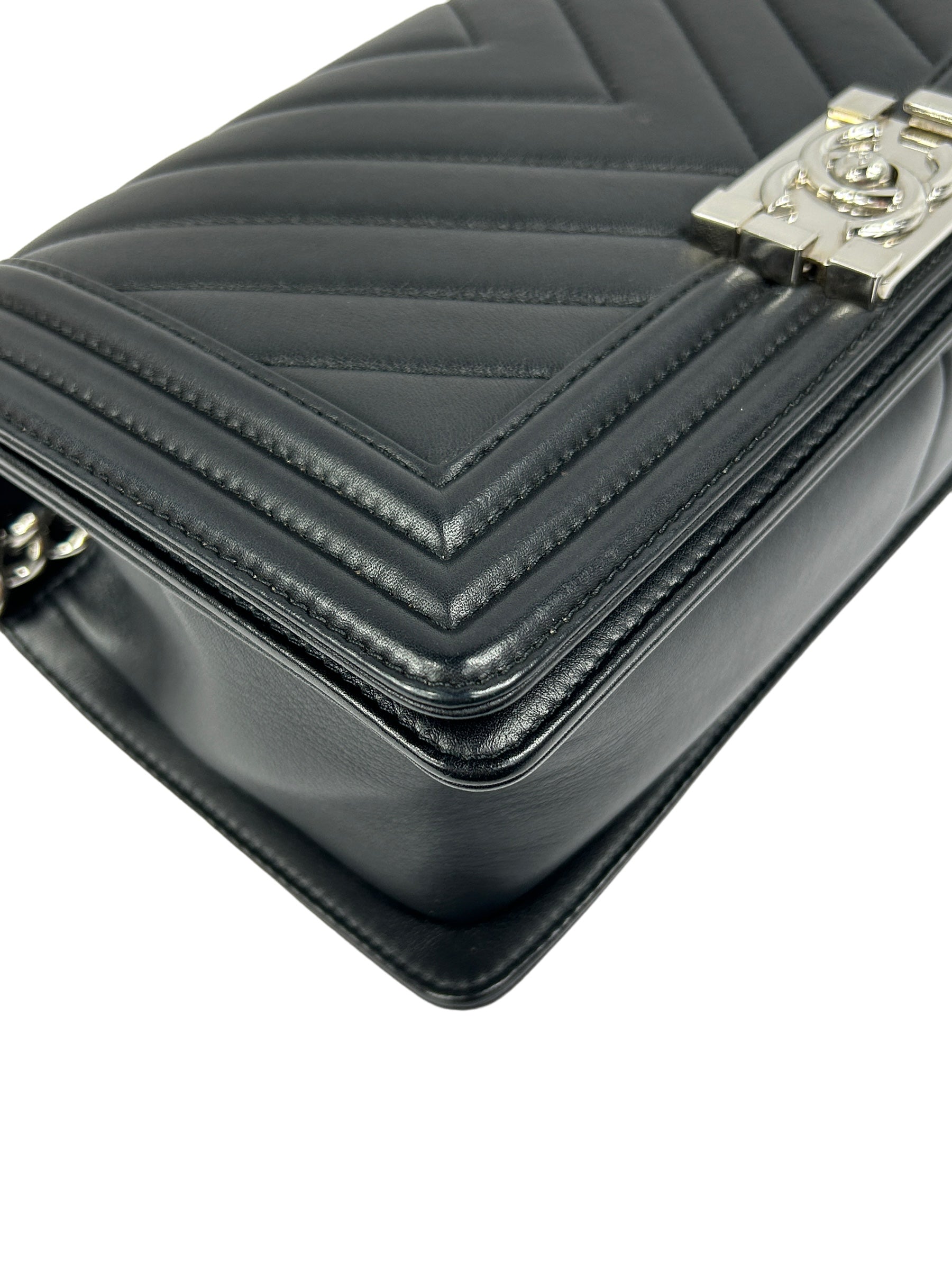 Black Chevron Calfskin Old Medium Boy Bag w/SHW