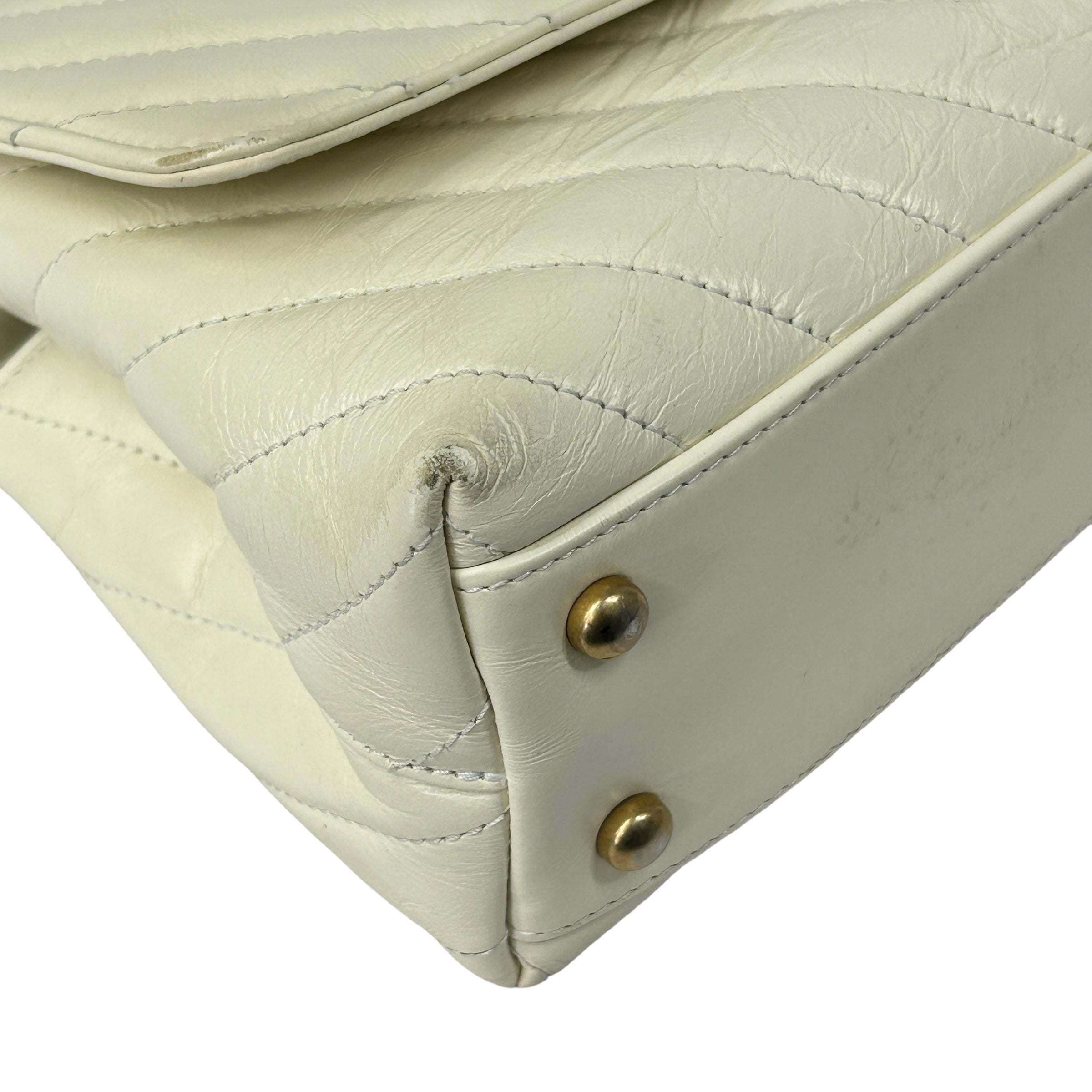 White Chevron Crinkled Calfskin Beige Lizard Mini Coco Handle W/AGHW