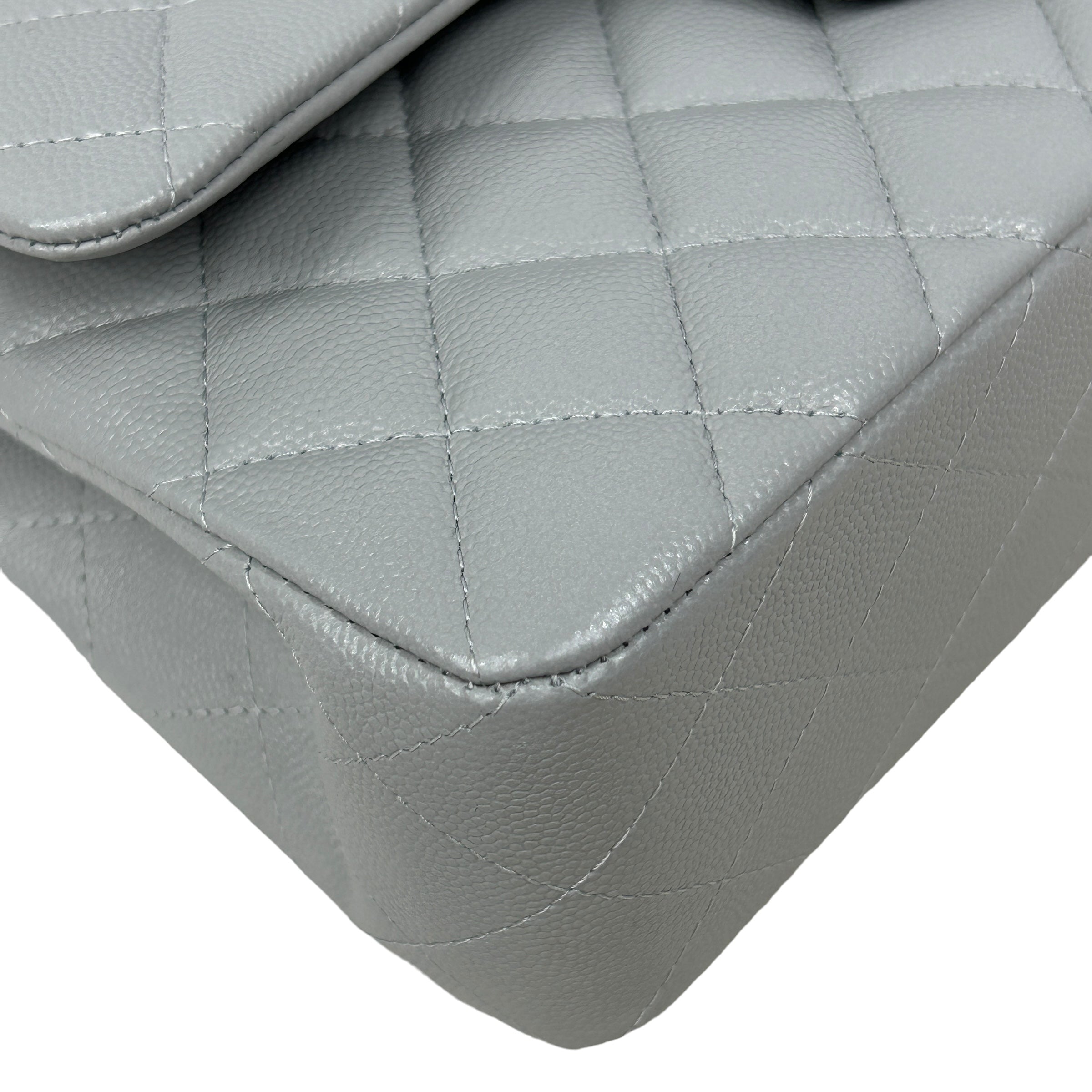 Light Grey Quilted Caviar Small Double Flap Classic W/LGHW-ON LAYAWAY