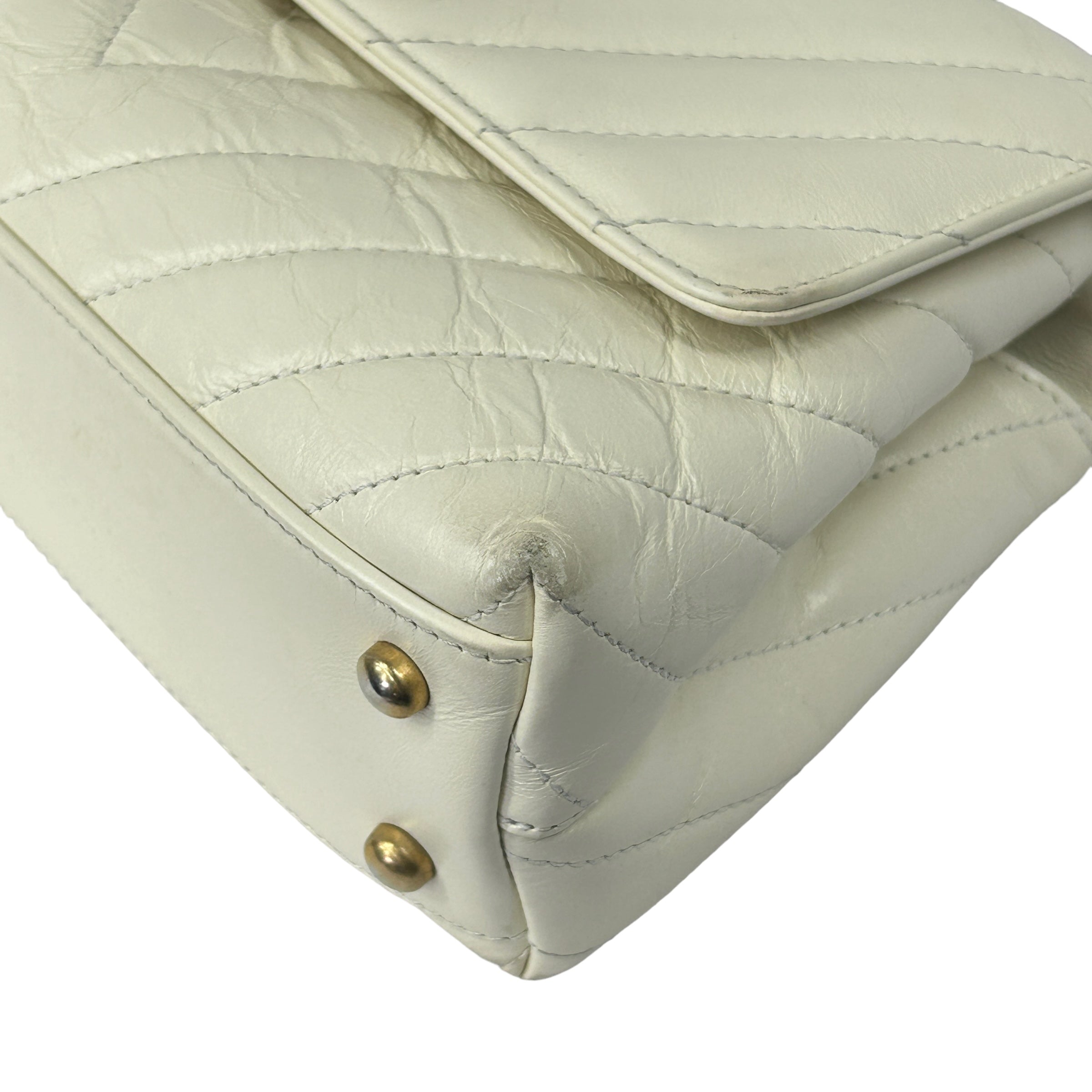 White Chevron Crinkled Calfskin Beige Lizard Mini Coco Handle W/AGHW