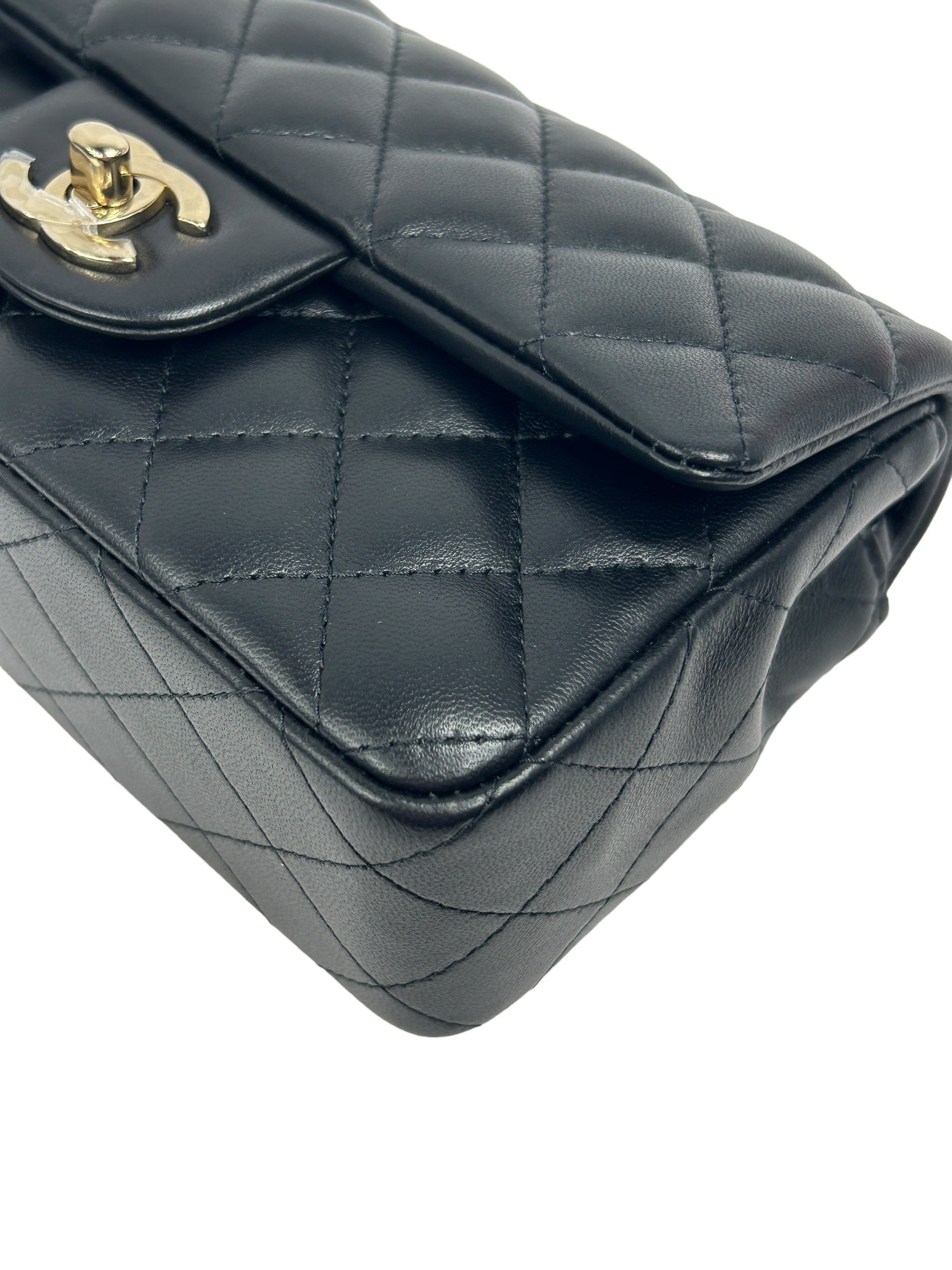 Black Lambskin Quilted Single Mini Rectangle Flap Bag w/ LGHW